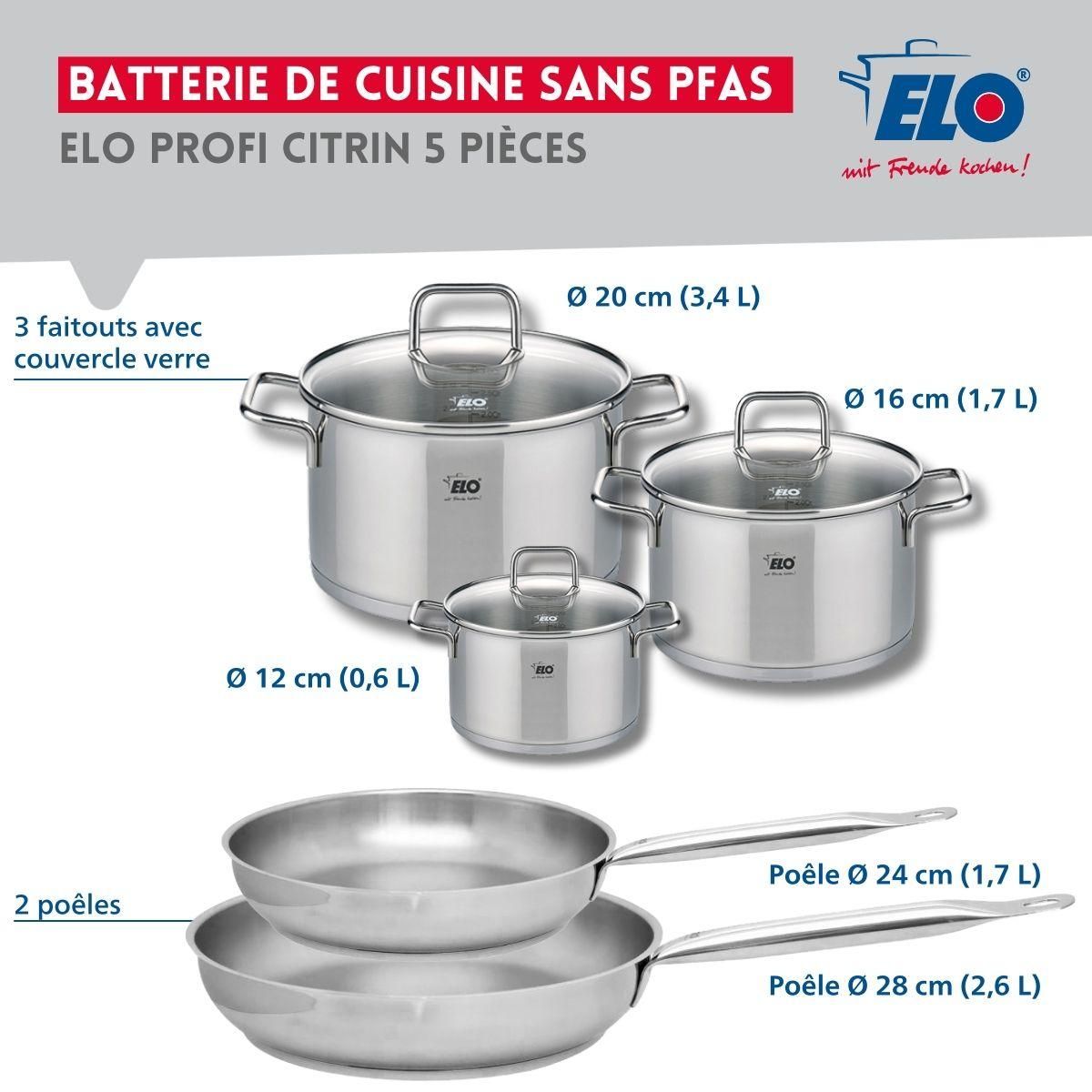 ELO Set de 2 Poêles de cuisson 24 et 28 cm et 3 faitouts 12, 16 et 20 cm Elo Profi Citrin