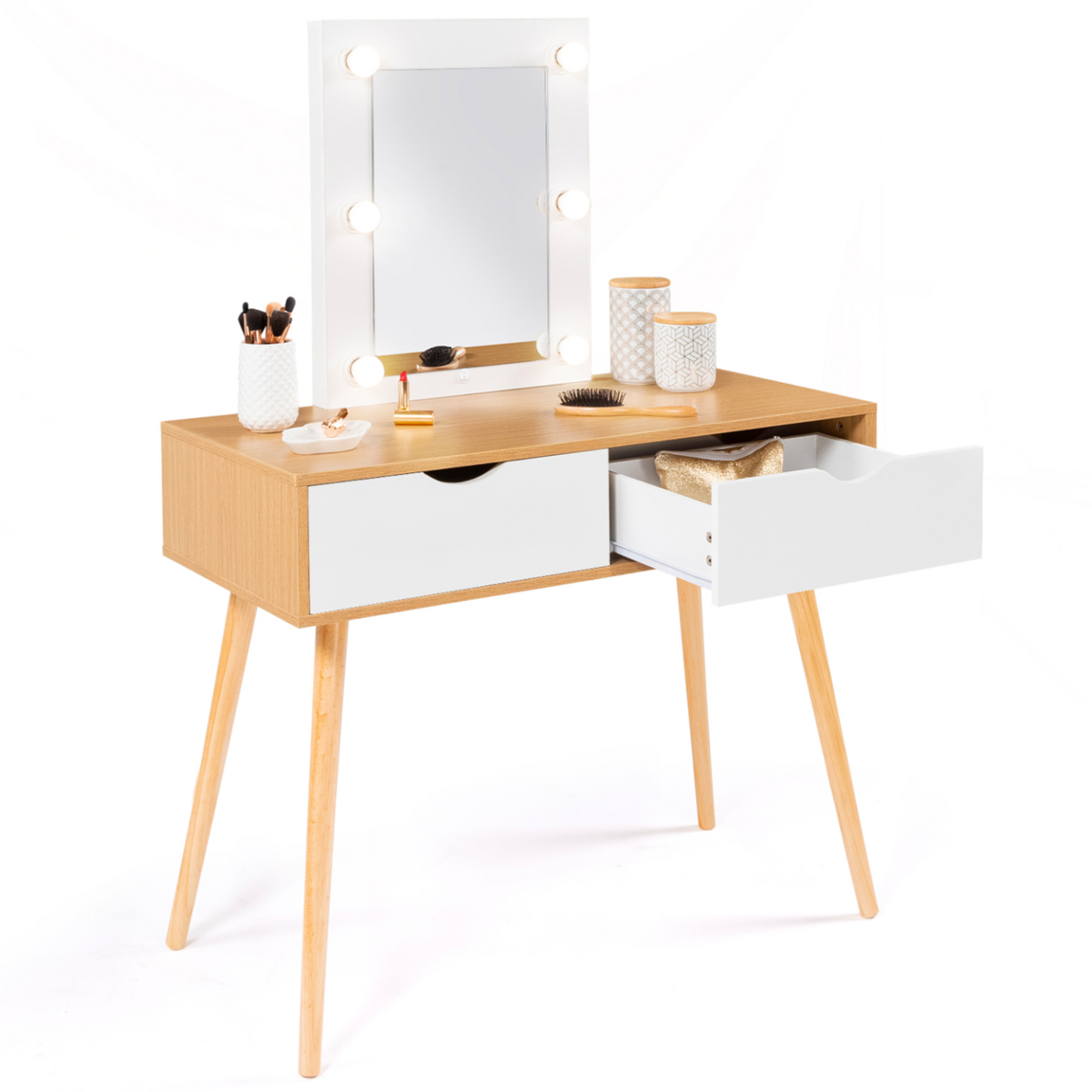 ID MARKET Coiffeuse scandinave 2 tiroirs LIVIA bois et blanc avec miroir LED