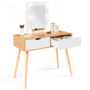 Voir la diapositive 1 : ID MARKET Coiffeuse scandinave 2 tiroirs LIVIA bois et blanc avec miroir LED