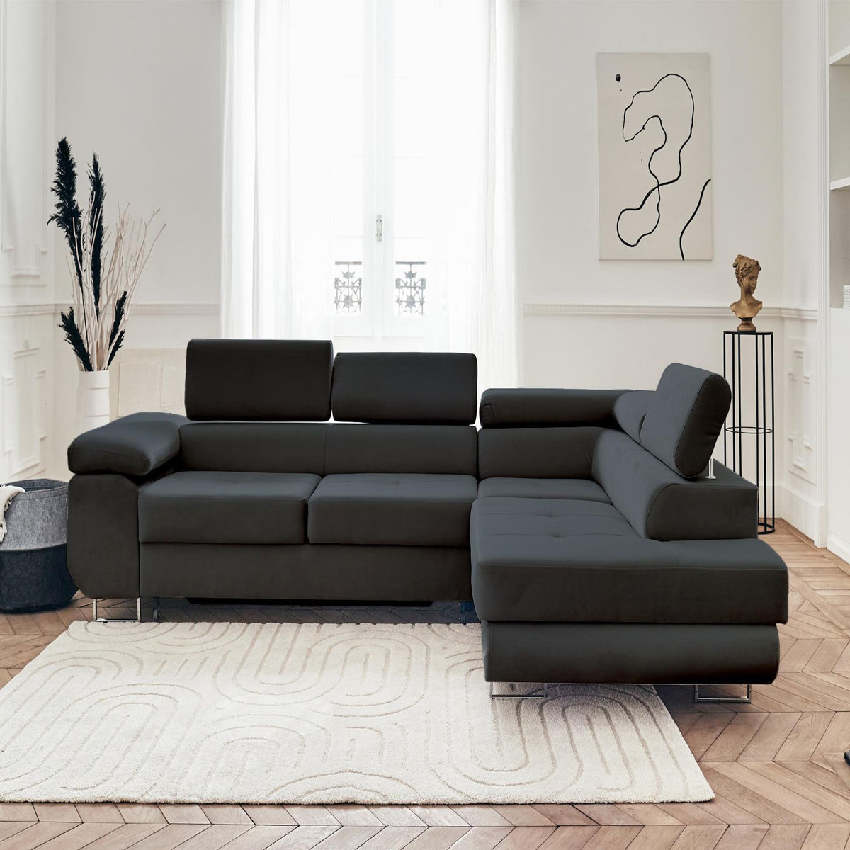 BEST MOBILIER Pablo - canapé d'angle droit - 5 places - convertible avec coffre et têtières réglables - en velours