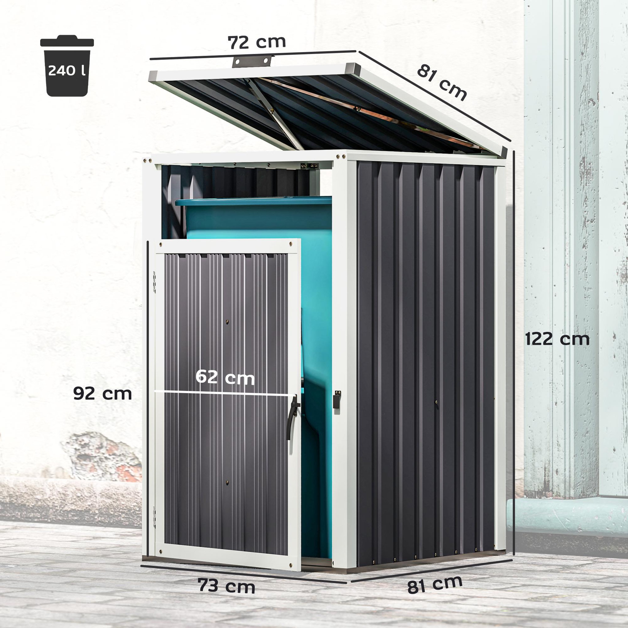 Voir la diapositive 3 : OUTSUNNY Abri poubelle - cache poubelle - 240L - porte, couvercle - tôle acier ondulé blanc gris