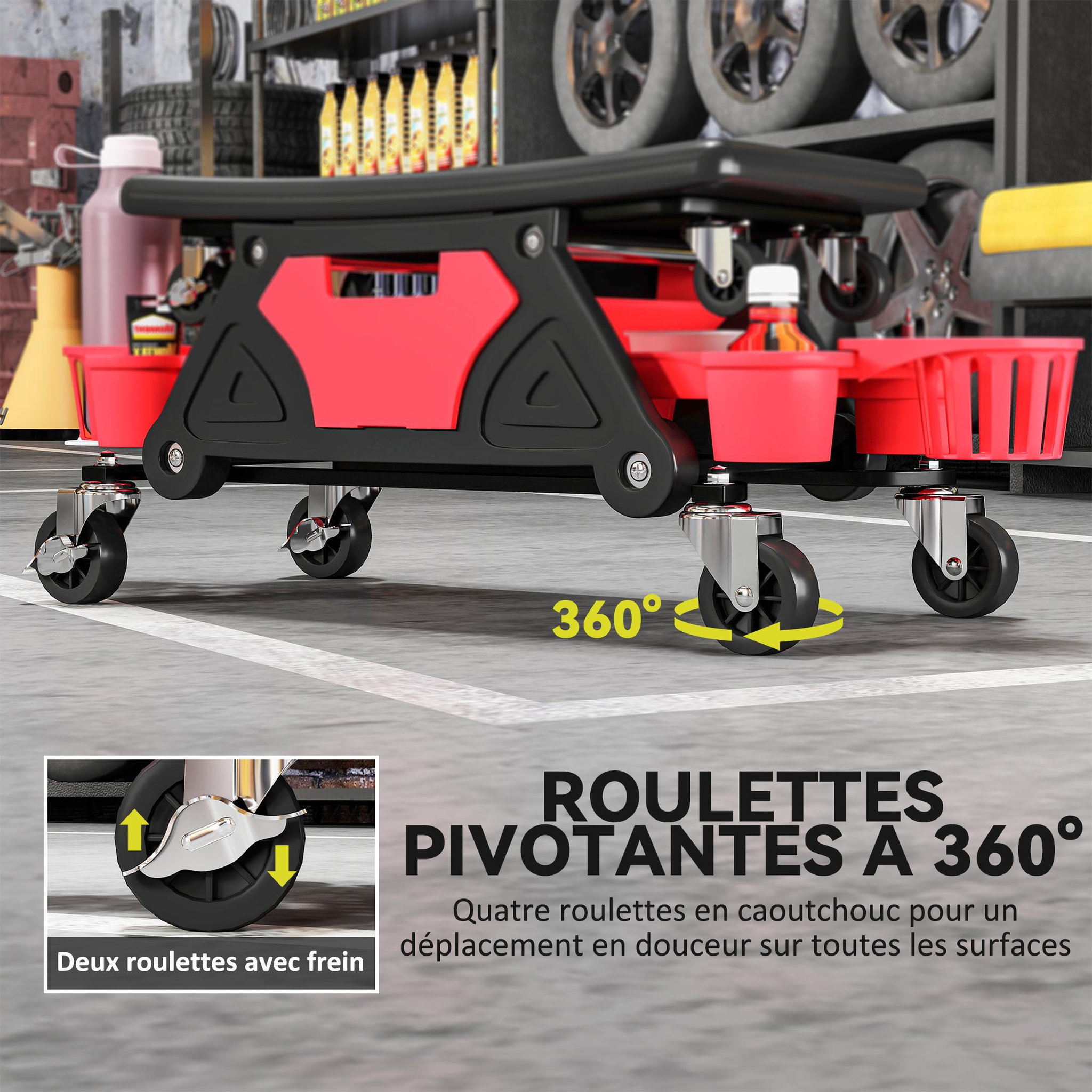 Voir la diapositive 6 : HOMCOM Tabouret d'atelier mobile chariot de mécanicien 2 en 1 - 3 plateaux outils - noir rouge