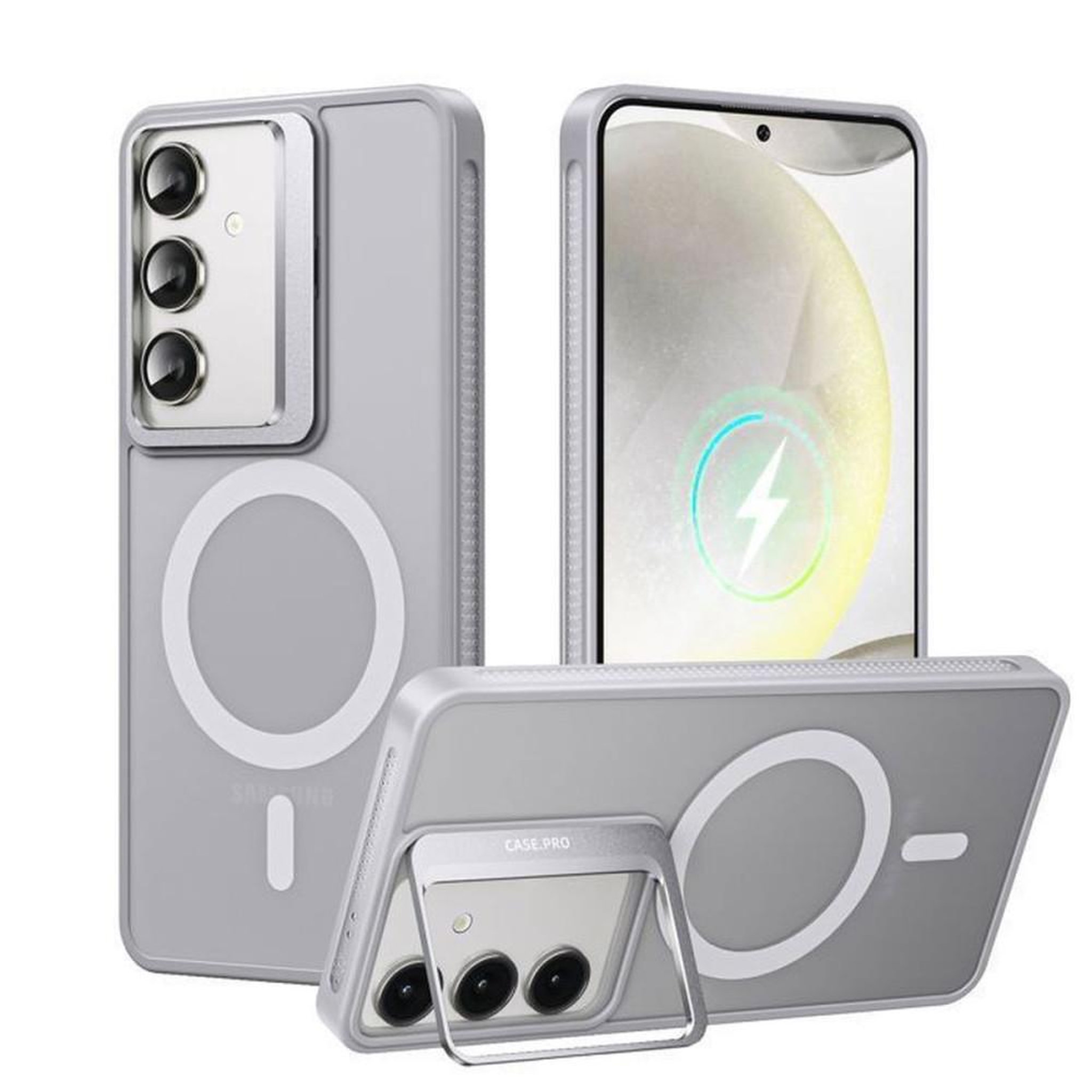 Voir la diapositive 1 : Coque téléphone grise pour Samsung Galaxy S24+ avec verre trempé, anneau de support rotatif 0°-105° et charge sans fil