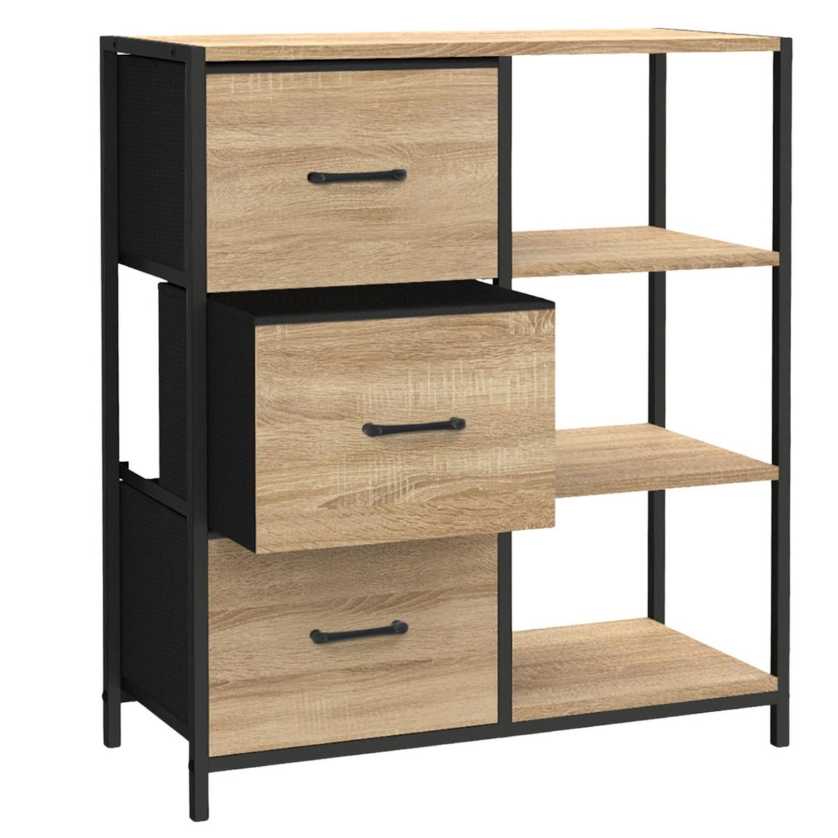 ID MARKET Buffet d'appoint 3 tiroirs et étagères 70 cm UTAH design industriel