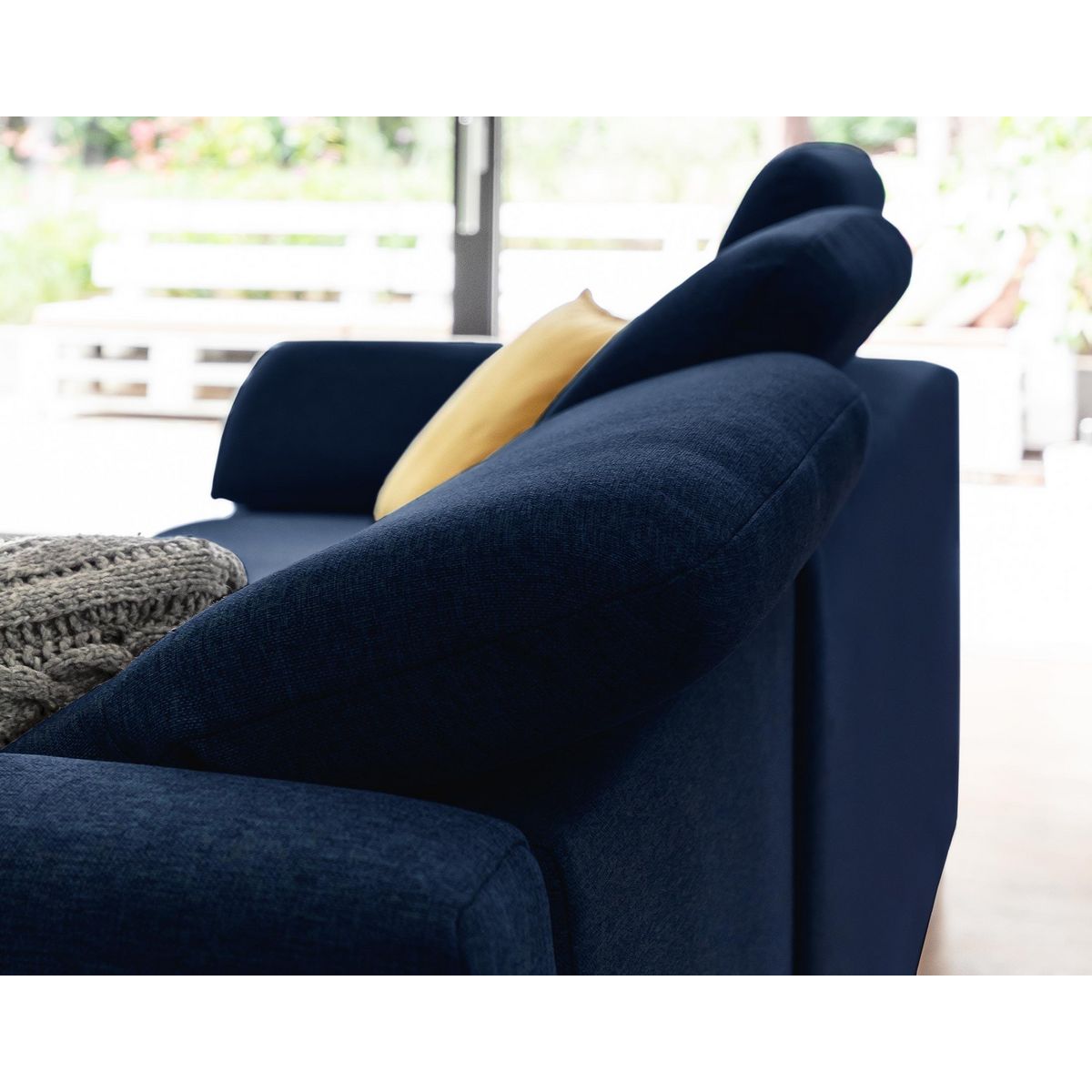 BEST MOBILIER Clever - canapé d'angle droit - 5 places - convertible avec coffre et têtières - en tissu