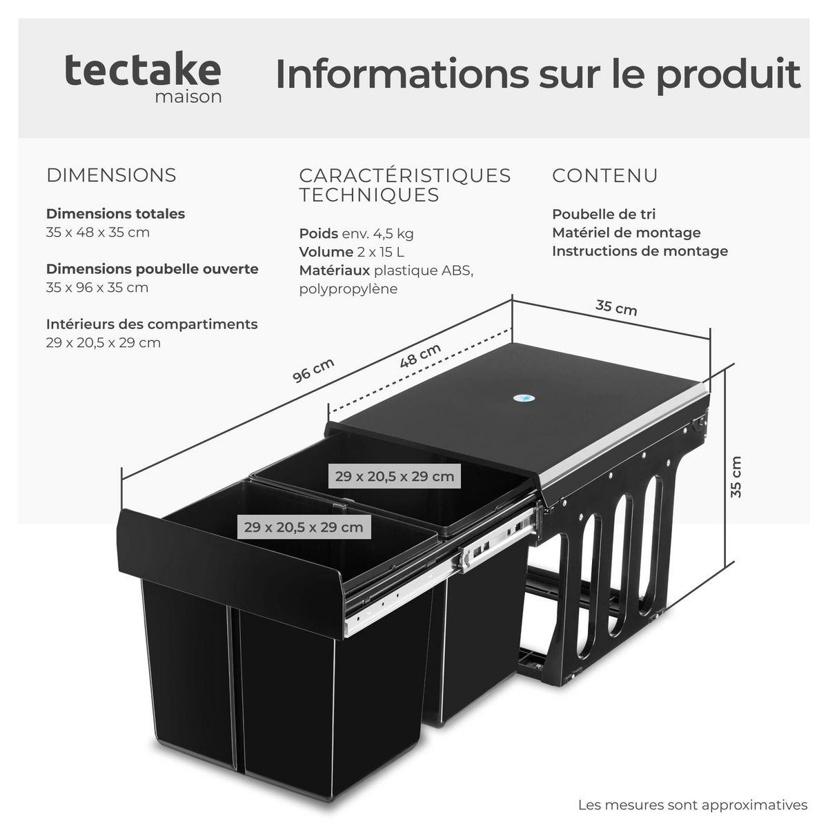 tectake Poubelle de tri 2 compartiments de 15 L chacun noir