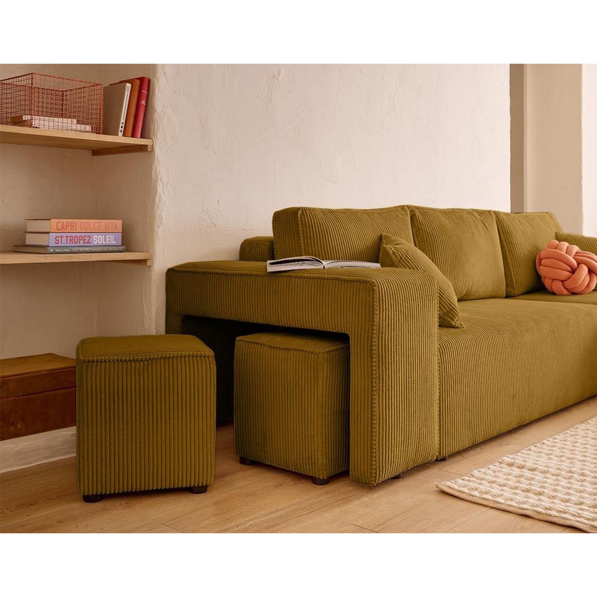 BEST MOBILIER Topaze - canapé d'angle réversible 4 places - convertible avec coffre, tablette et poufs - en velours côtelé