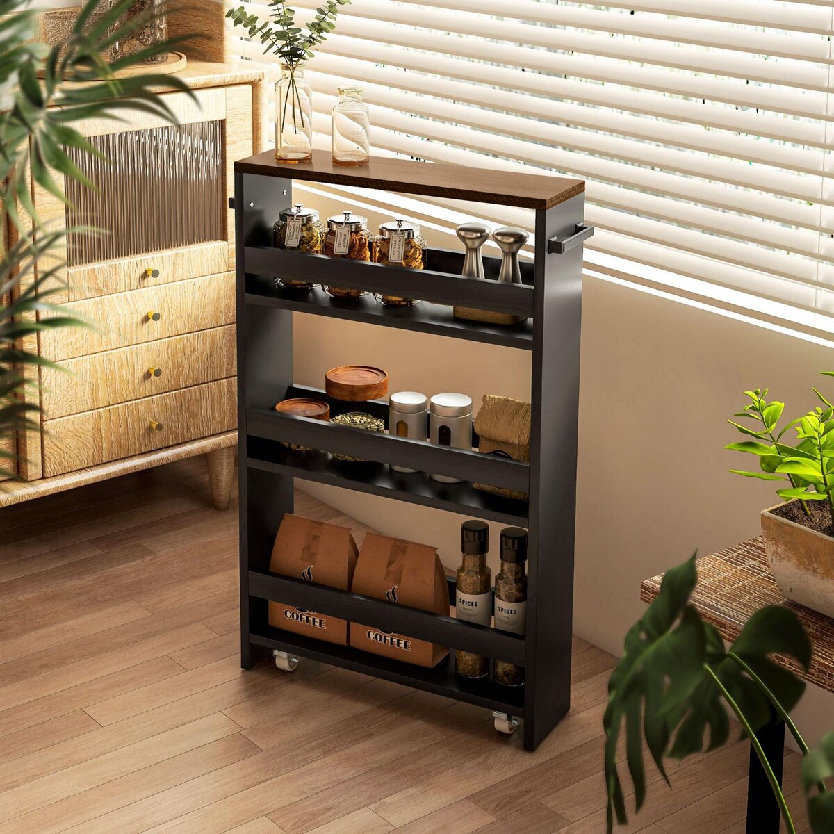 HOMCOM Chariot de rangement desserte à roulettes avec 3 niveaux de rangement et poignée, dim. 51,5l x 13P x 80H cm, noir