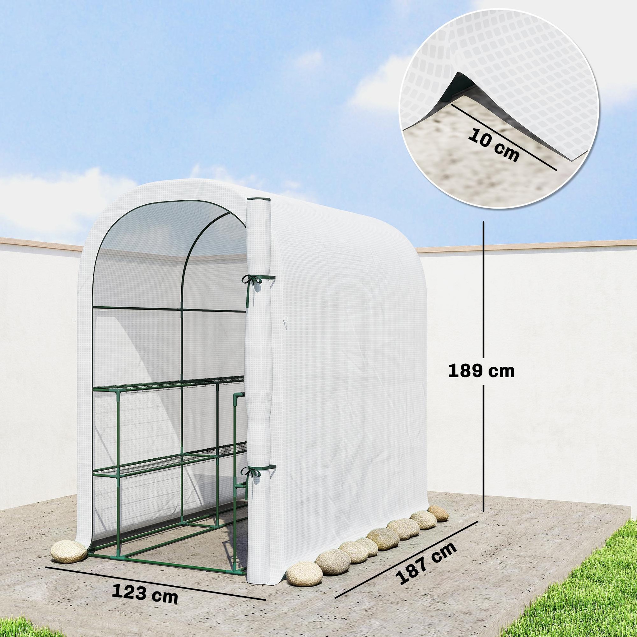 Voir la diapositive 3 : OUTSUNNY Serre de jardin avec étagères porte enroulable pe blanc