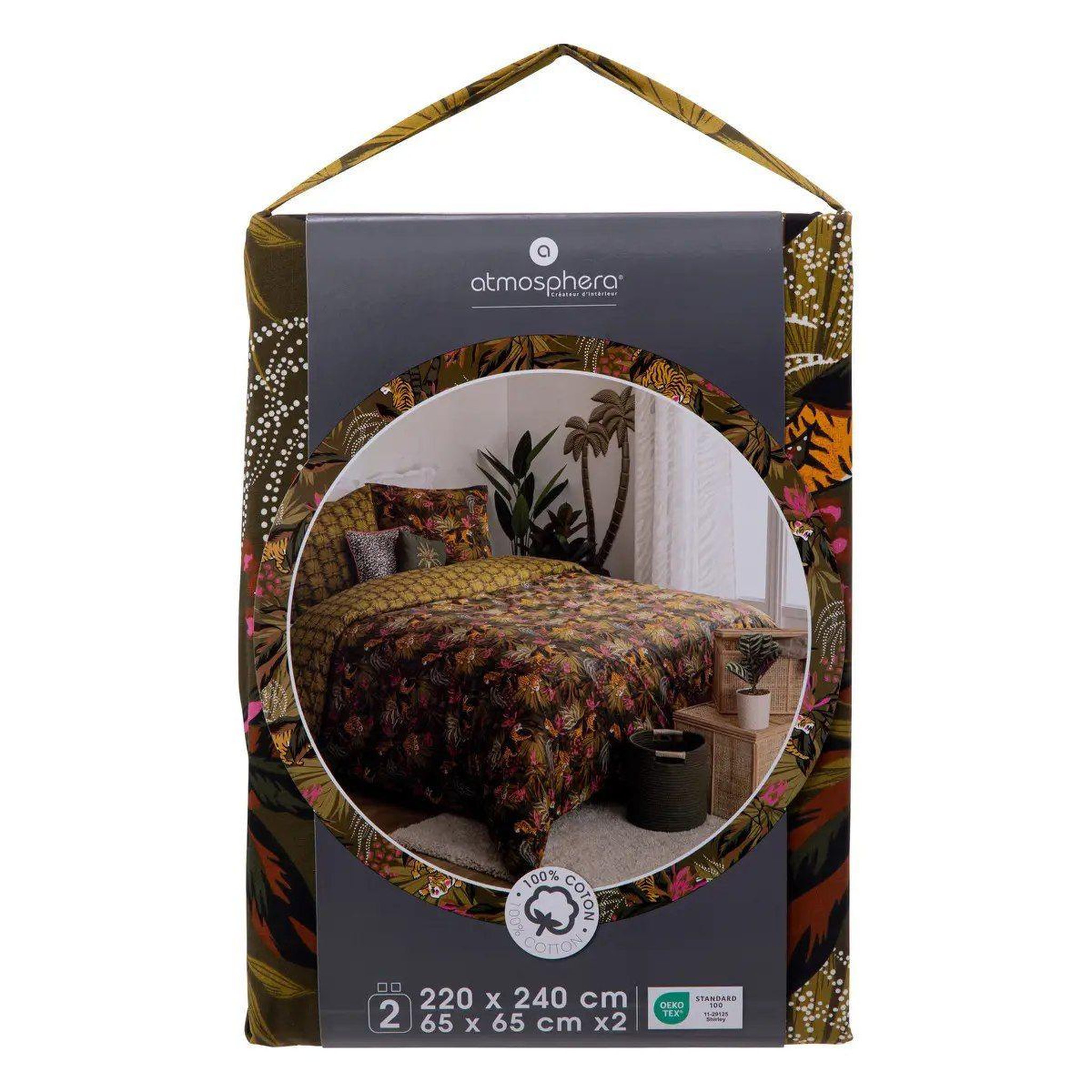 Voir la diapositive 3 : ATMOSPHERA Parure de lit 3 pièces jungle  tropical boudoir  240x220cm kaki