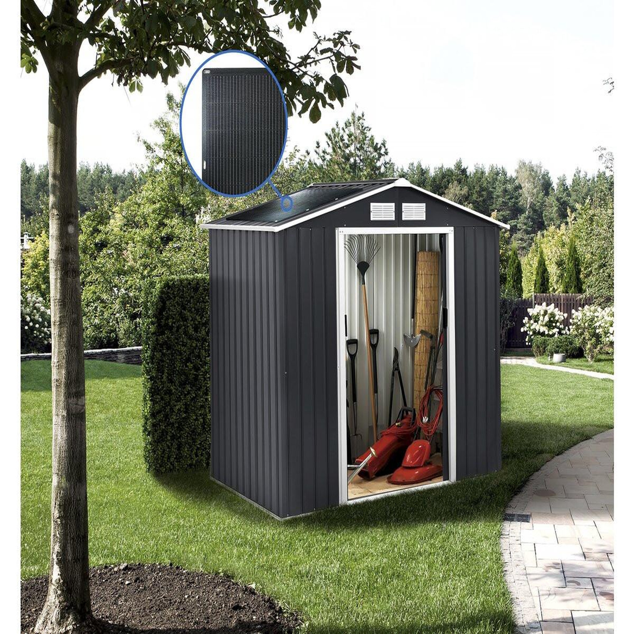 Voir la diapositive 2 : Habitat et Jardin Abri de jardin métal -  vegas  - 5.29 m² avec panneaux solaires - gris