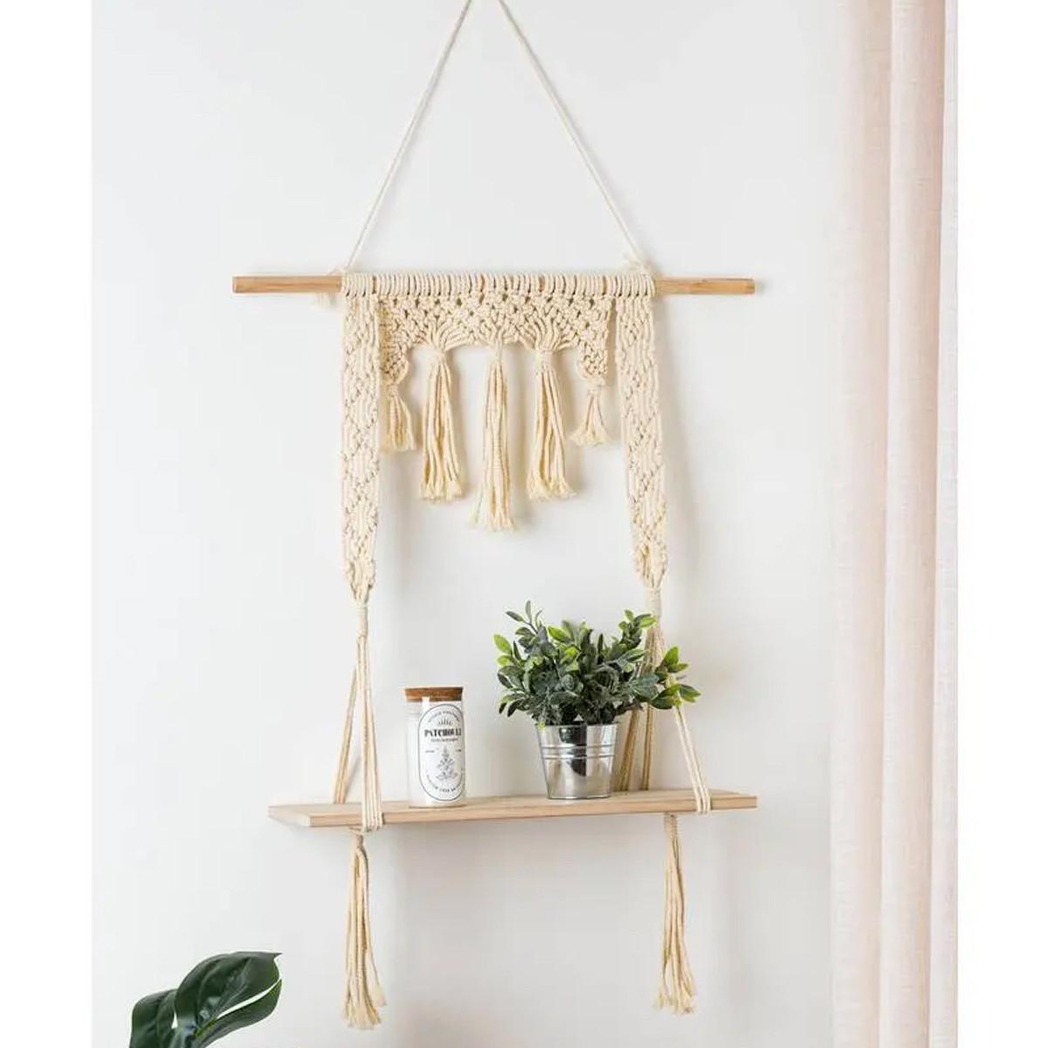 Voir la diapositive 3 : ATMOSPHERA Étagère murale en bois  macramé  80cm ivoire