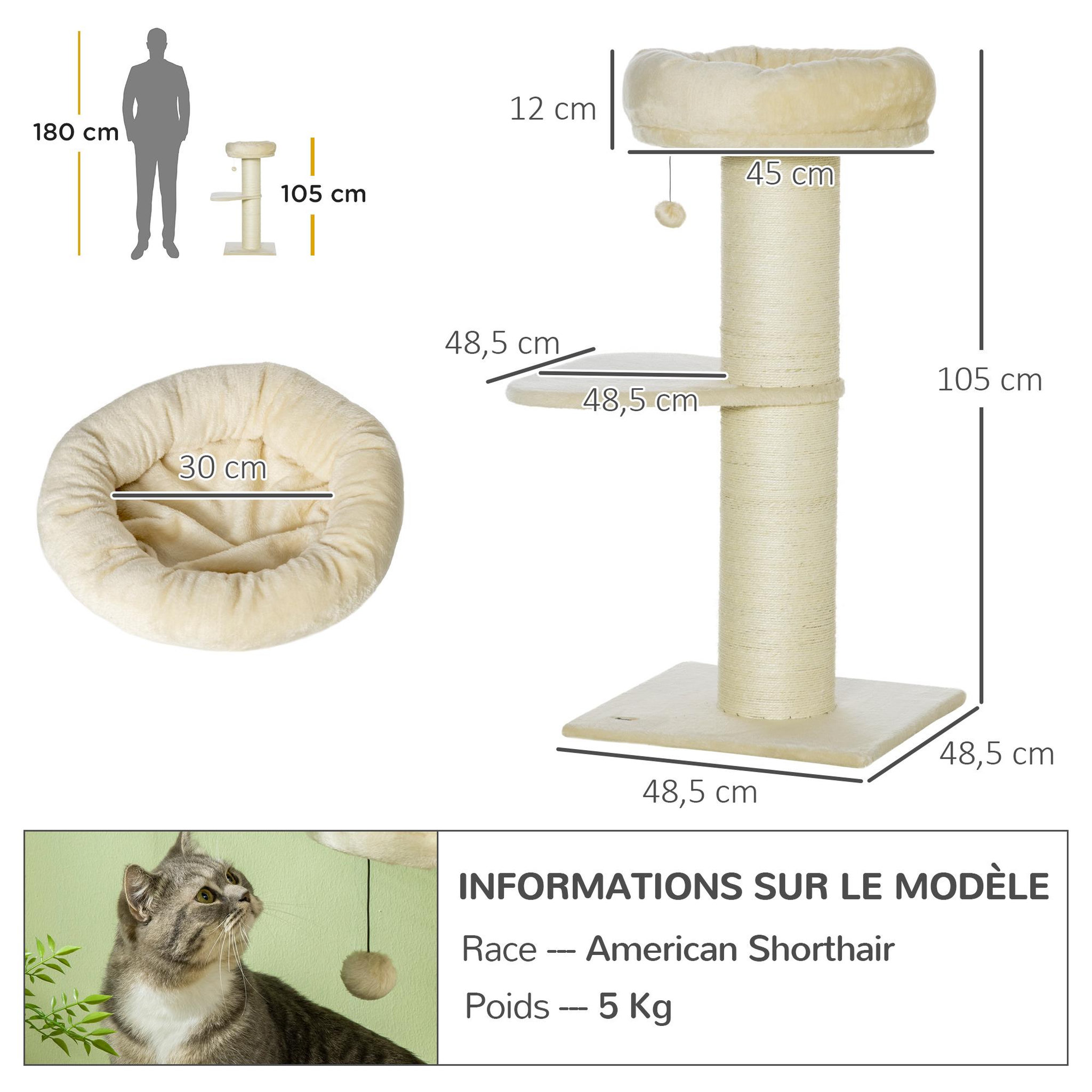 Voir la diapositive 3 : PAWHUT Arbre à chat griffoir sisal naturel 2 plateforme panier observation jeu boule suspendue peluche beige