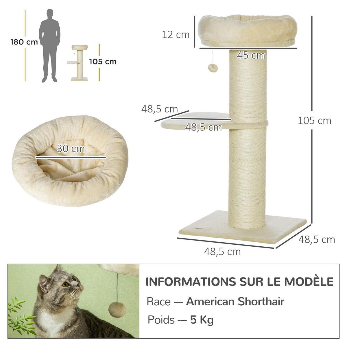 PAWHUT Arbre à chat griffoir sisal naturel 2 plateforme panier observation jeu boule suspendue peluche beige