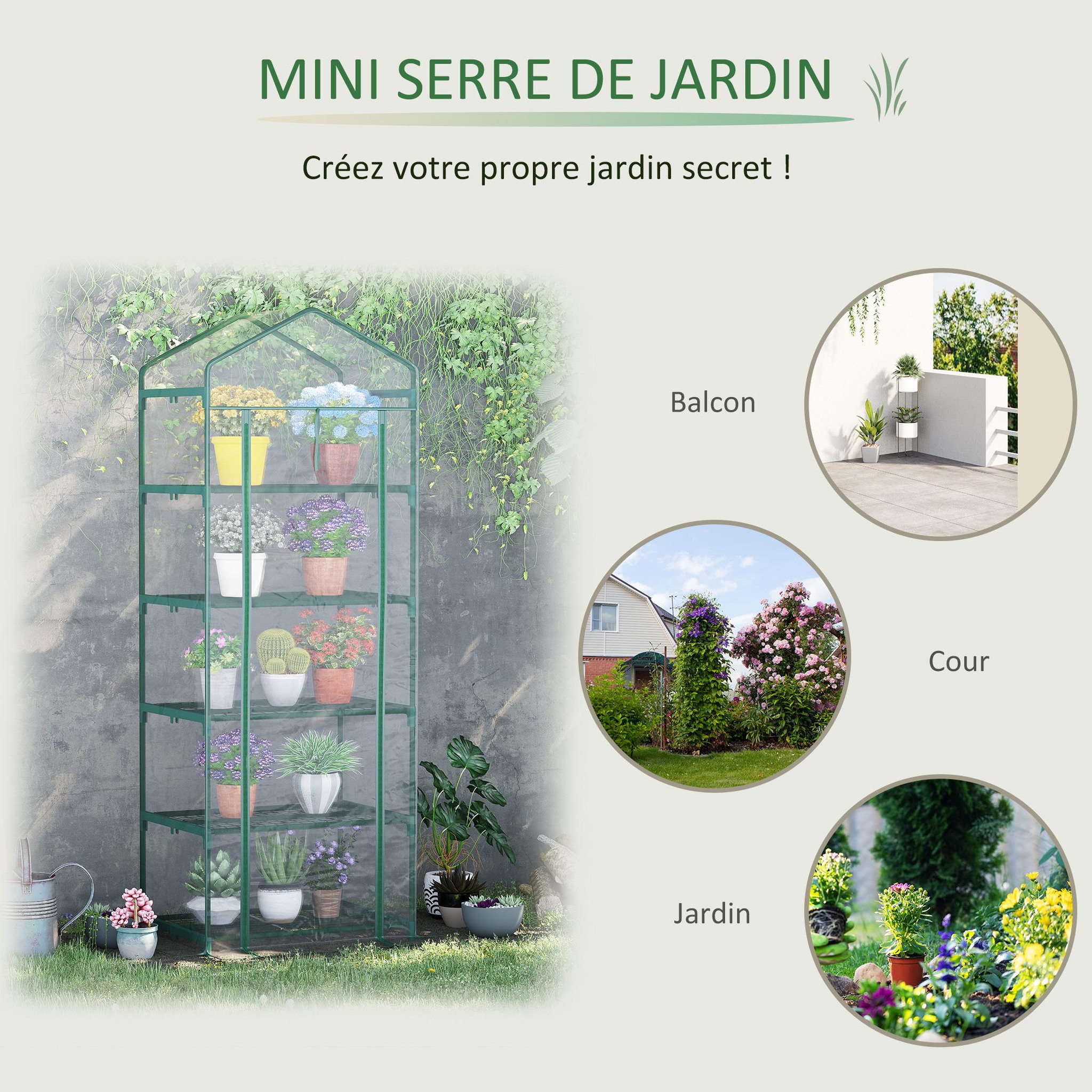 Voir la diapositive 6 : OUTSUNNY Serre de jardin balcon étagère serre 5 niveaux 0,69L x 0,49l x 1,93H m acier galvanisé bâche amovible PVC vert