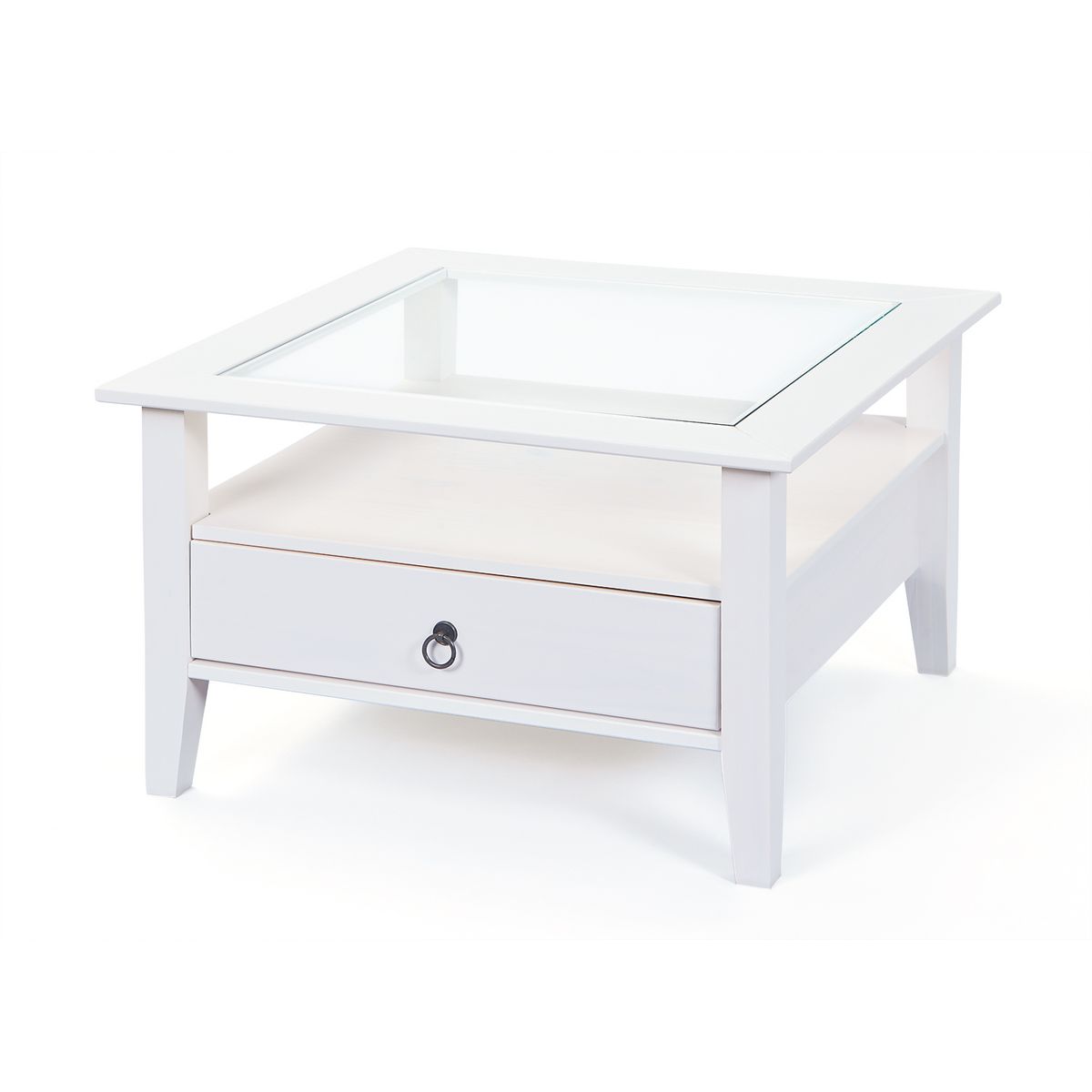 Table basse carrée en bois massif 1 tiroir plateau verre L75cm CASSIS