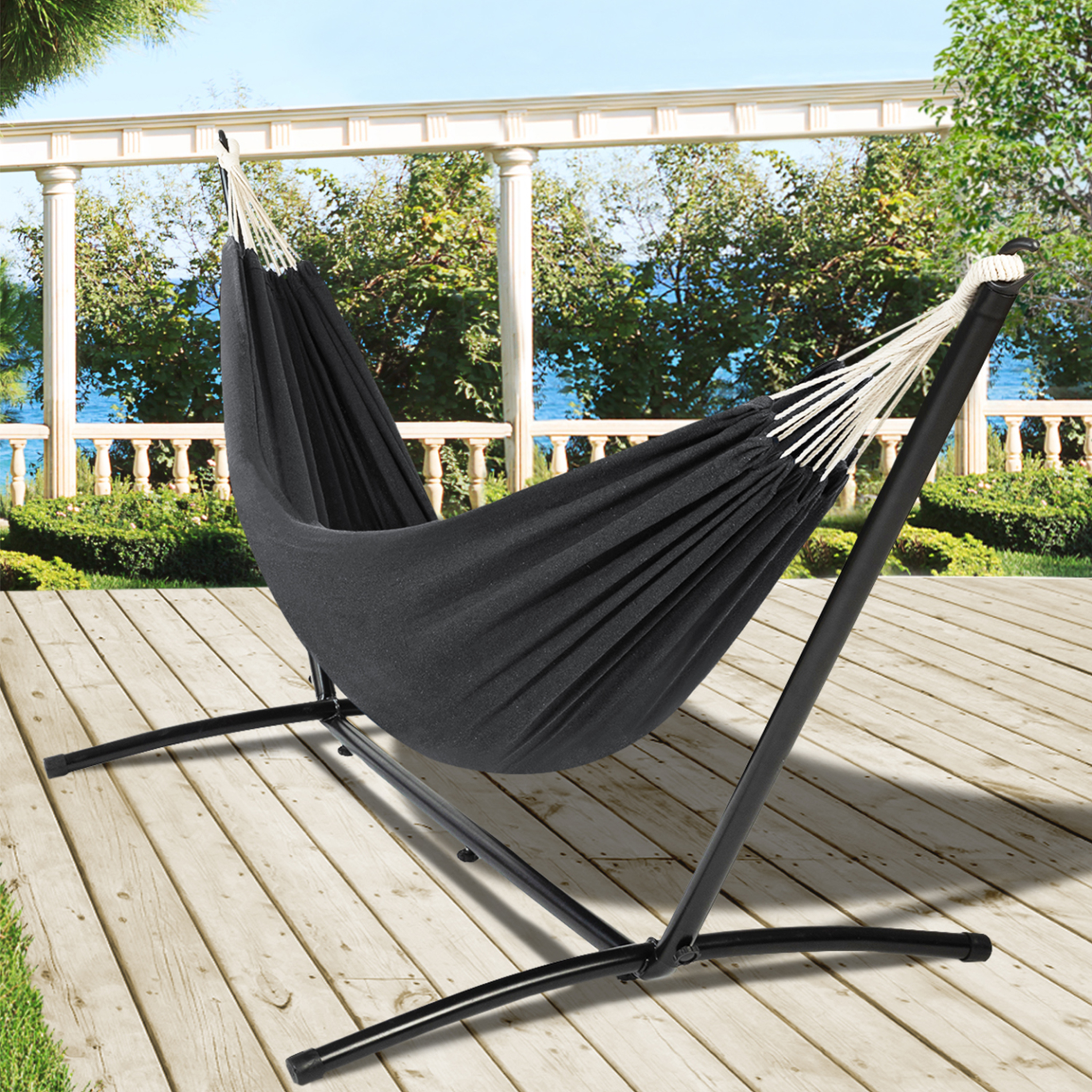 Voir la diapositive 2 : ID MARKET Hamac avec support métal noir et toile gris anthracite