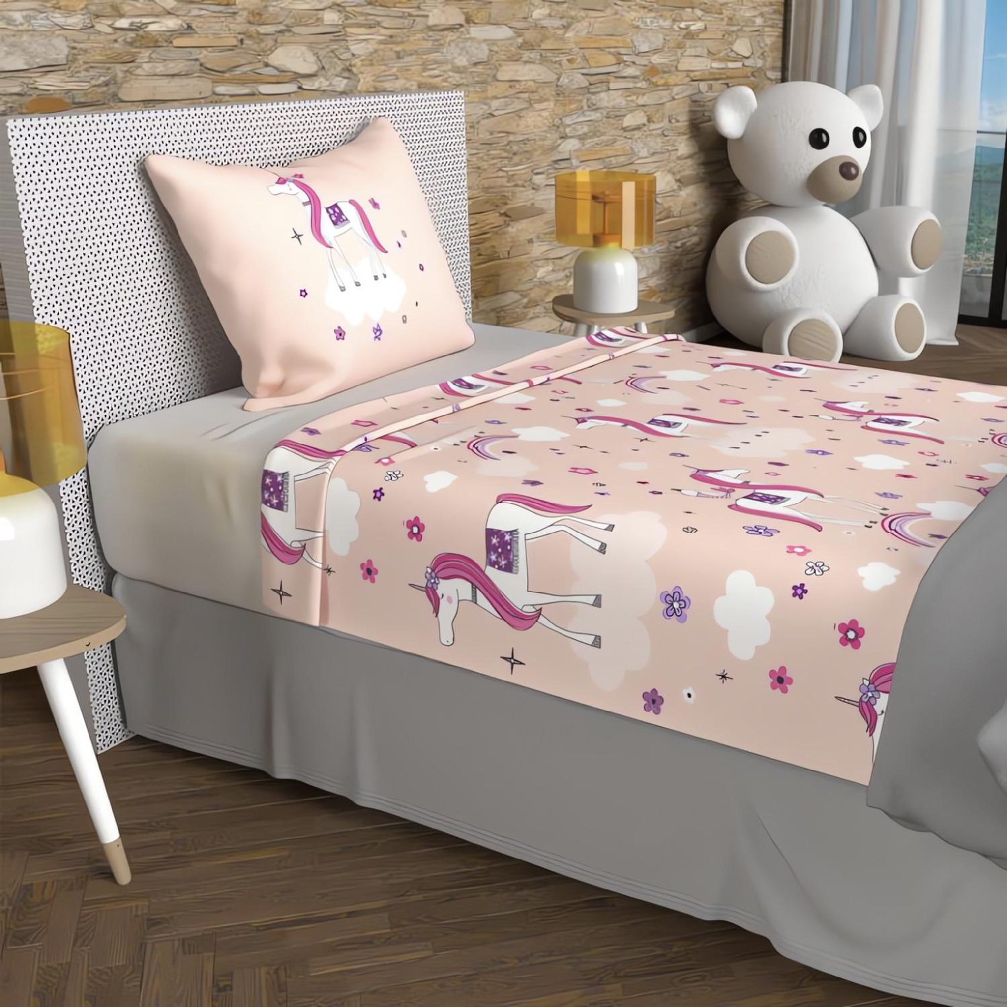 SOLEIL D'OCRE Parure de draps 180x290 cm licornes, 100% coton 57 fils/cm2, par soleil d'ocre. Coloris disponibles : Jaune, Rose