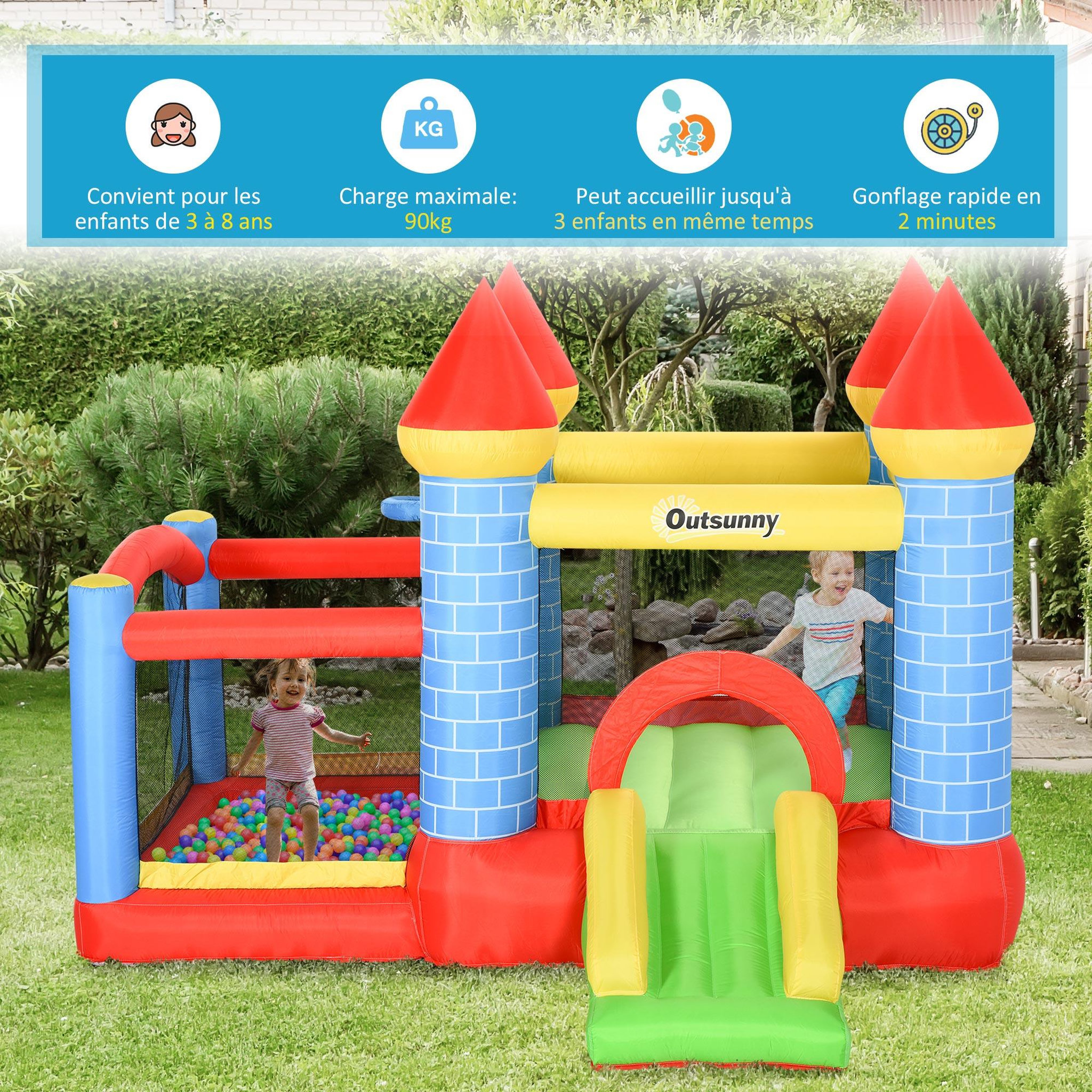 Voir la diapositive 5 : OUTSUNNY Château gonflable enfant - toboggan, trampoline, piscine, panier - gonfleur, sac de transport inclus - dim. 2,8L x 2,6l x 2,1H m - polyester multicolore