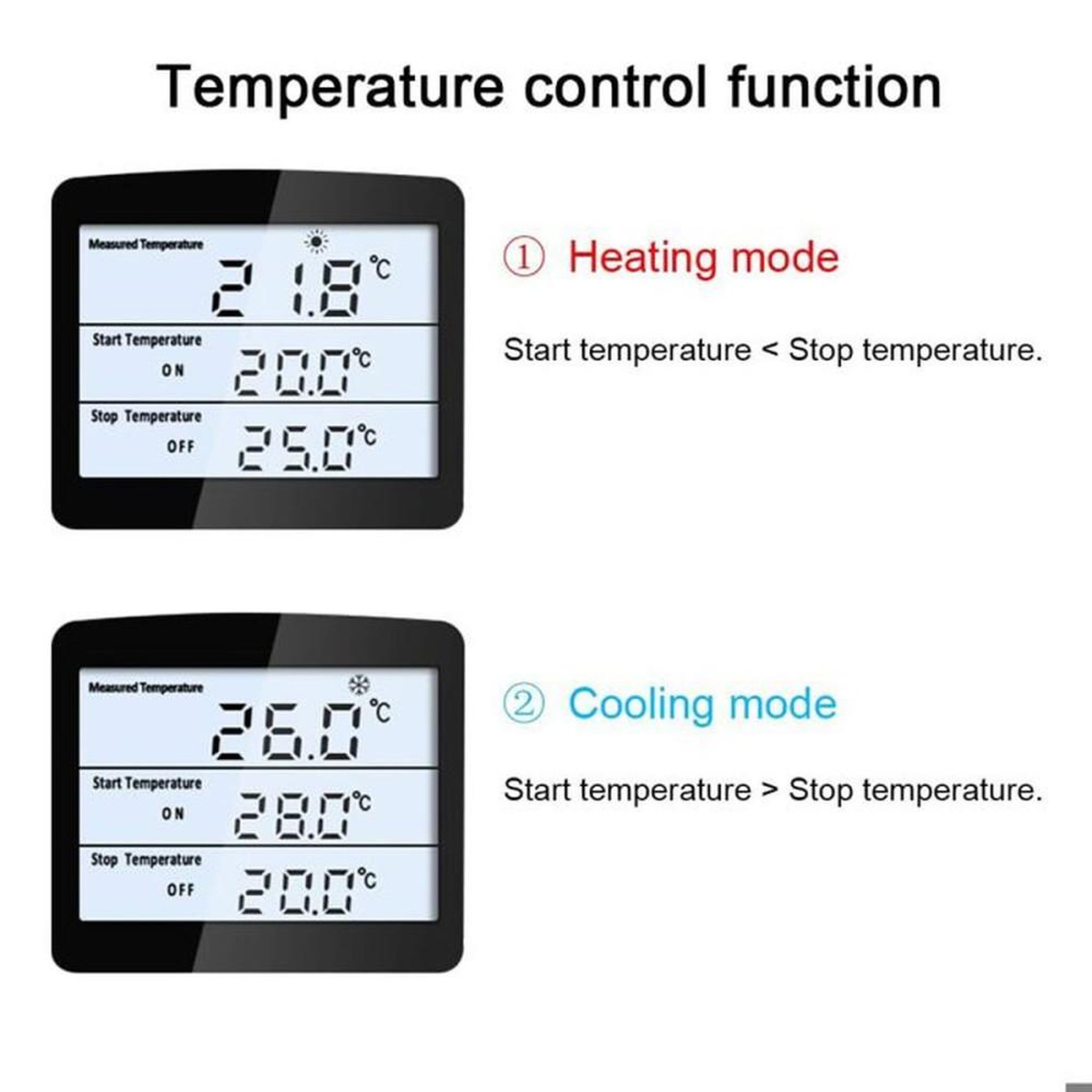 Voir la diapositive 4 : Thermostat digital à prise plug-in avec sonde NTC 3 m, écran LCD rétroéclairé réglable, mode chauffage ou refroidissement, programmation jusqu'à 99 h 59, 16A