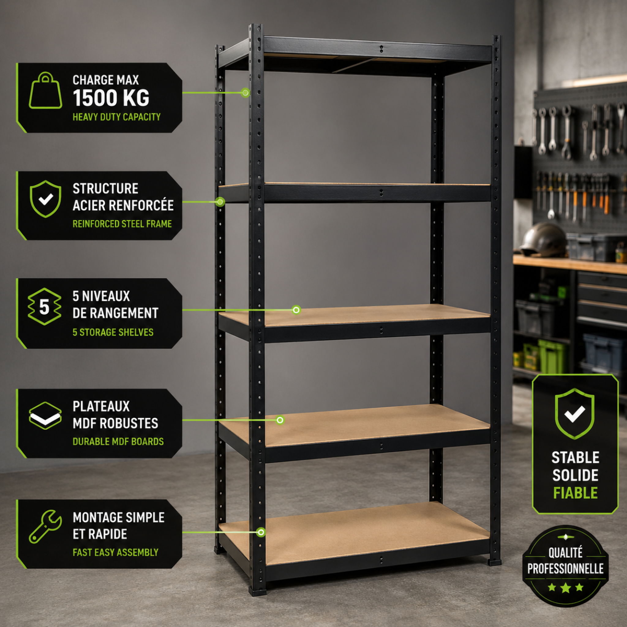 Voir la diapositive 3 : INTEC Etagère de rangement noire 90 x 40 x h180cm - rayonnage métal haute qualité 5 plateaux charges lourdes 1500kg intec
