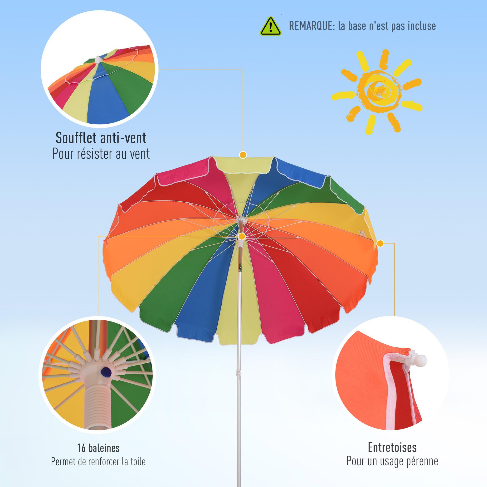 Voir la diapositive 6 : OUTSUNNY Parasol inclinable rond Ø 220 cm tissu polyester haute densité anti-UV mât démontable alu sac de transport inclu multicolore
