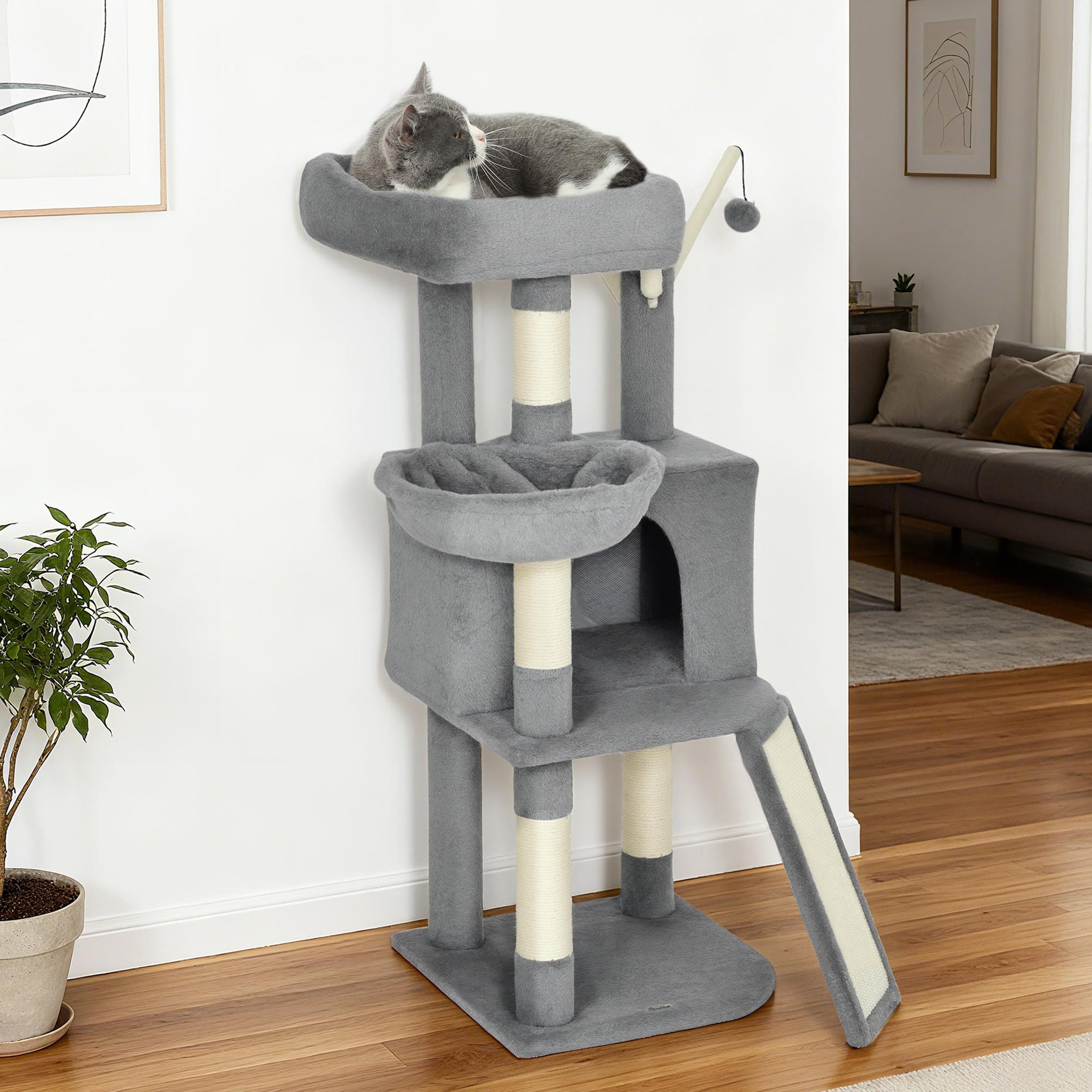 Voir la diapositive 4 : PAWHUT Arbre à chat multi-équipé niche hamac plateforme 3 boules griffoirs grattoir gris
