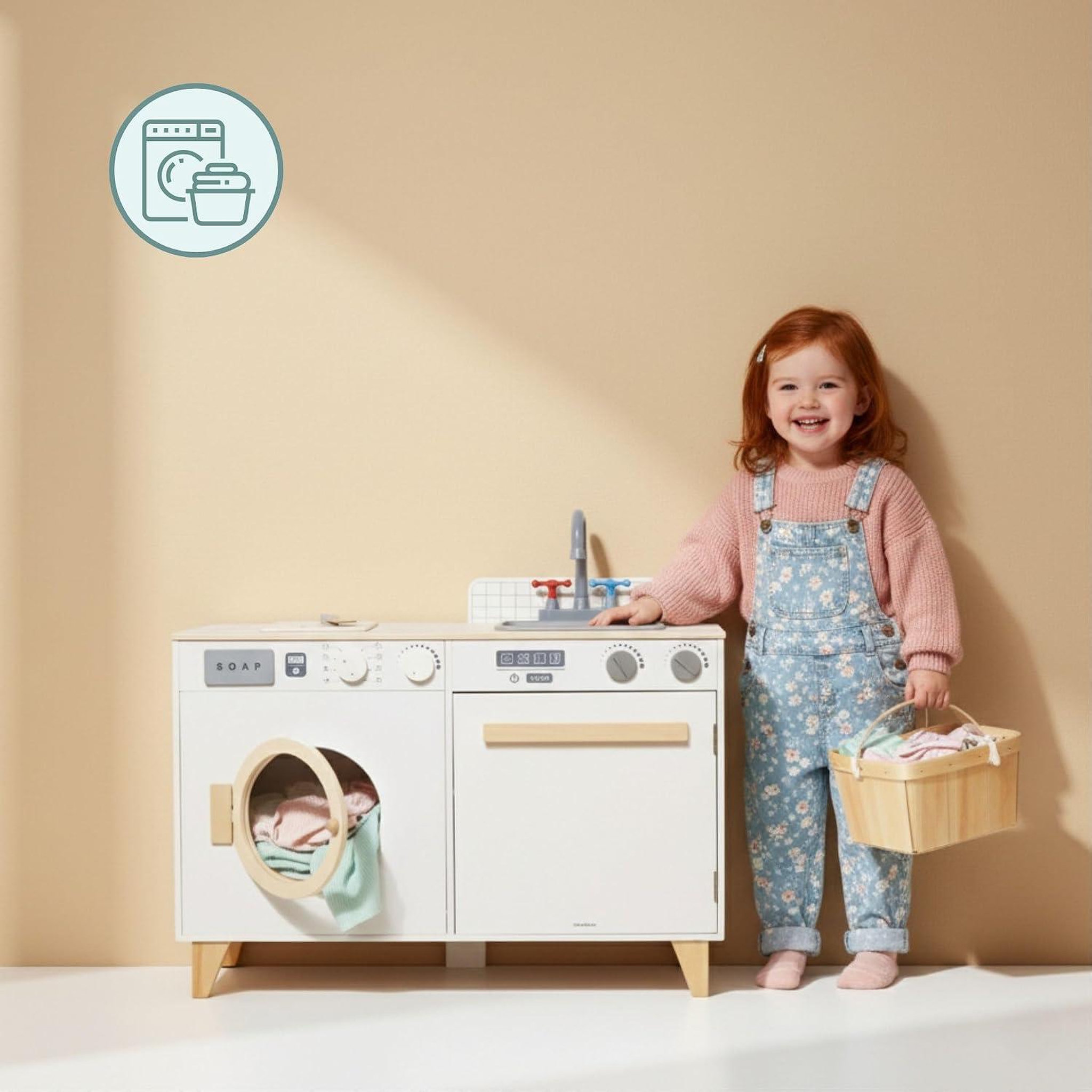 Voir la diapositive 2 : MAMABRUM Cuisine enfant & buanderie en bois - avec lave-linge, évier et accessoires 73,5*29*67 cm
