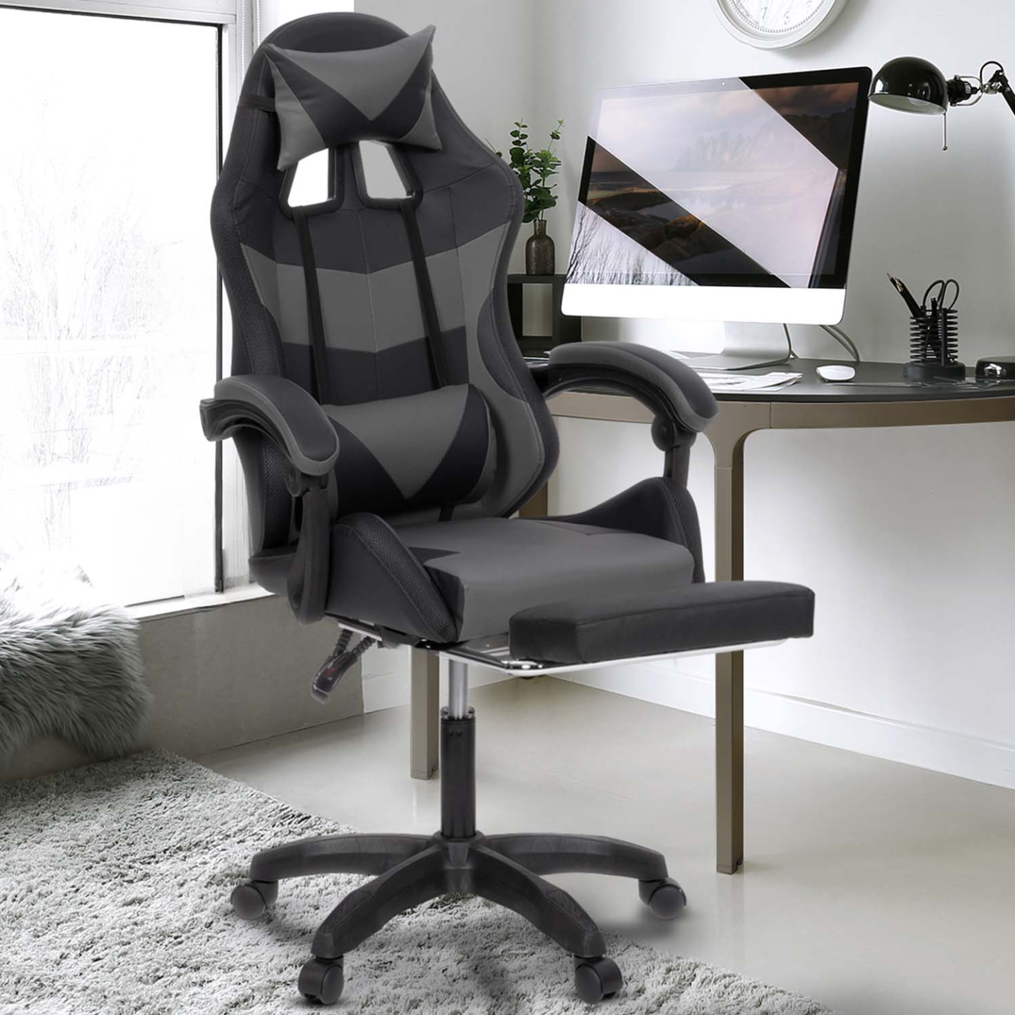 Voir la diapositive 4 : ID MARKET Fauteuil de gaming led luc avec repose-pied, coussin de tête et support lombaire noir et gris