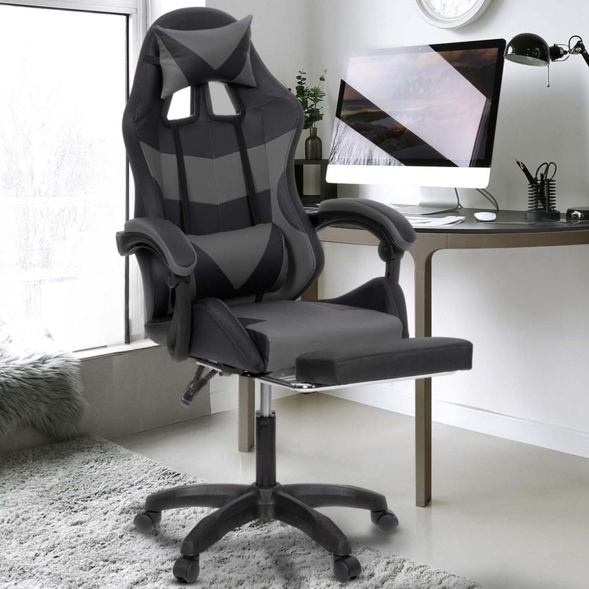 ID MARKET Fauteuil de gaming LED LUC avec repose-pied, coussin de tête et support lombaire noir et gris