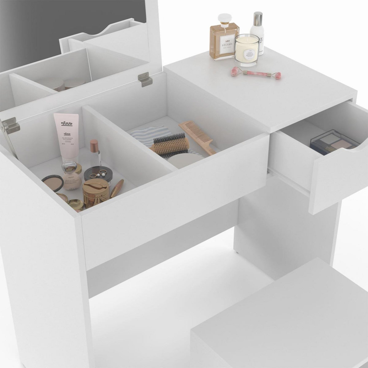 ID MARKET Coiffeuse ZELIA miroir rabattable avec 1 tiroir et 1 tabouret