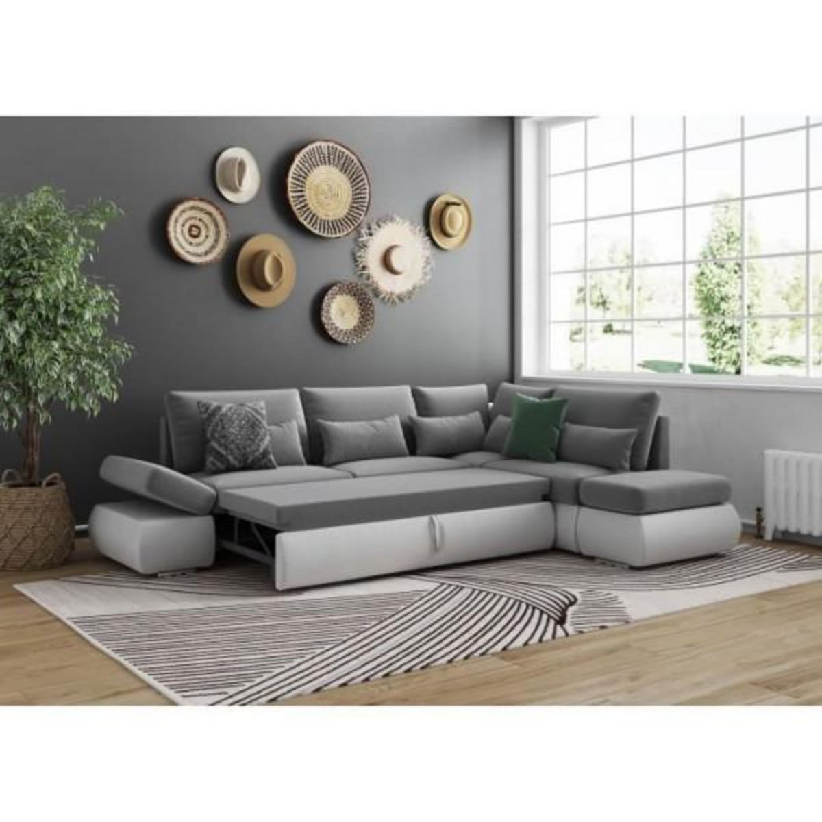LOUNGITUDE Canapé d'angle réversible convertible SEVARA 4 places - PU blanc et tissu gris clair - Coffre de rangement - L267 x P200 x H90