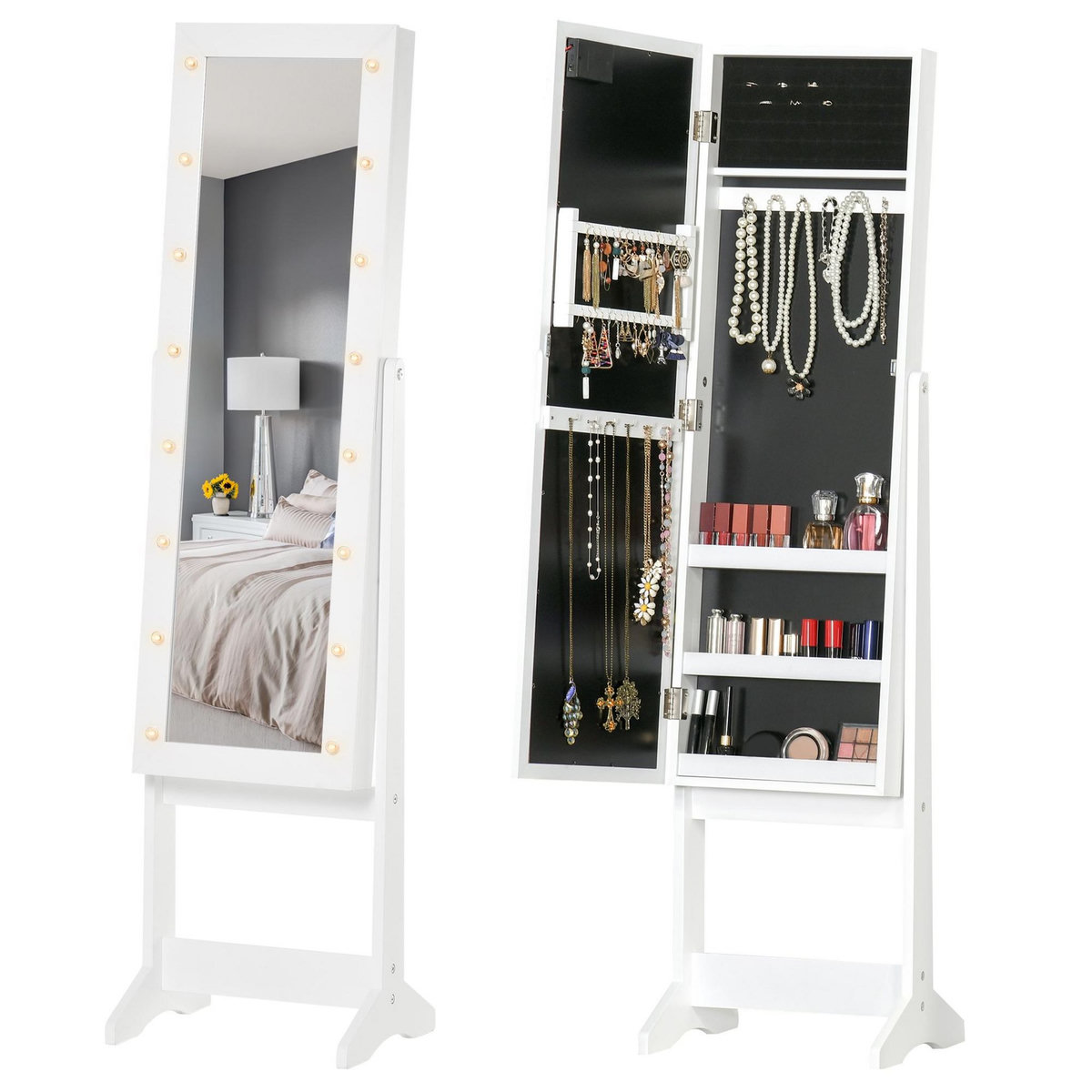 HOMCOM Armoire à bijoux armoire de rangement sur pied boîte à bijoux avec miroir multi-rangement éclairage LED blanc