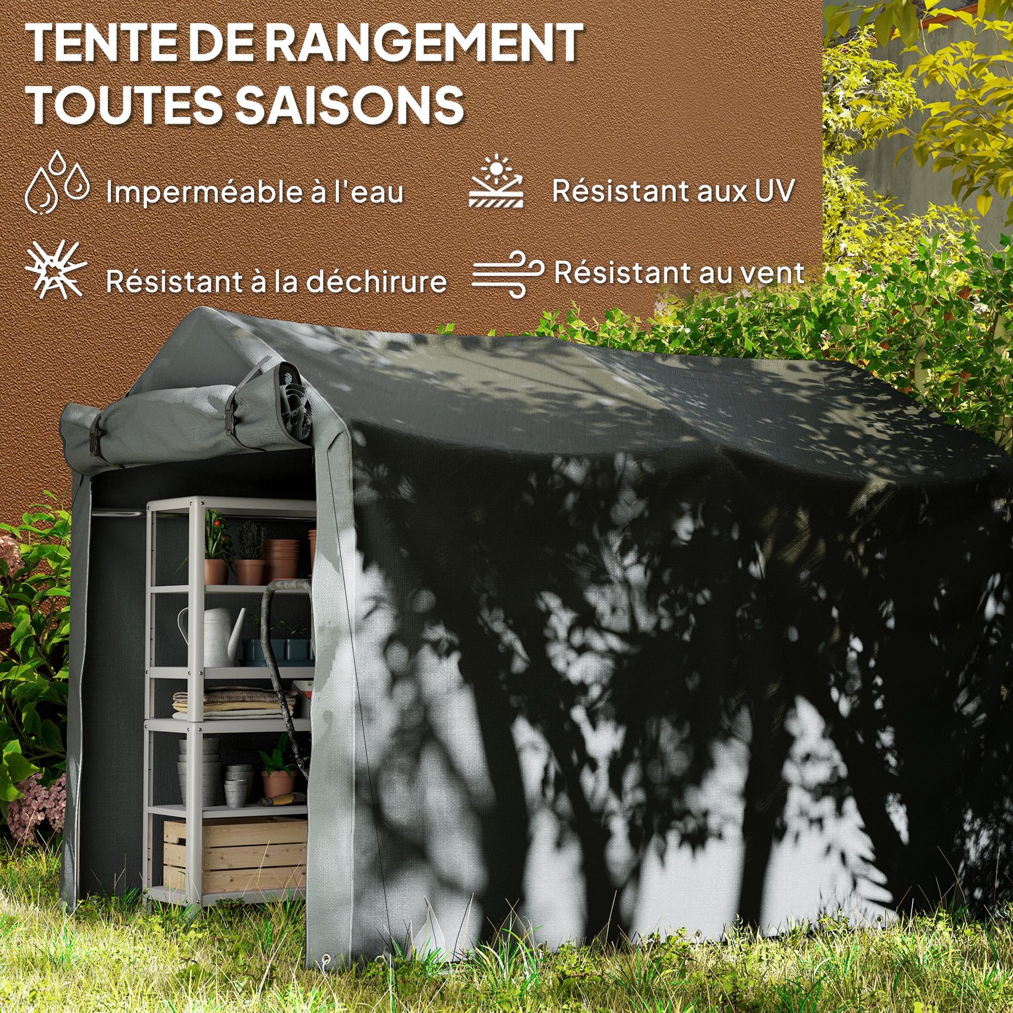 Voir la diapositive 6 : OUTSUNNY Tente de stockage - abri de jardin dim. 2 x 1,6 x 1,65 m - porte enroulable zippée - métal galvanisé PE gris