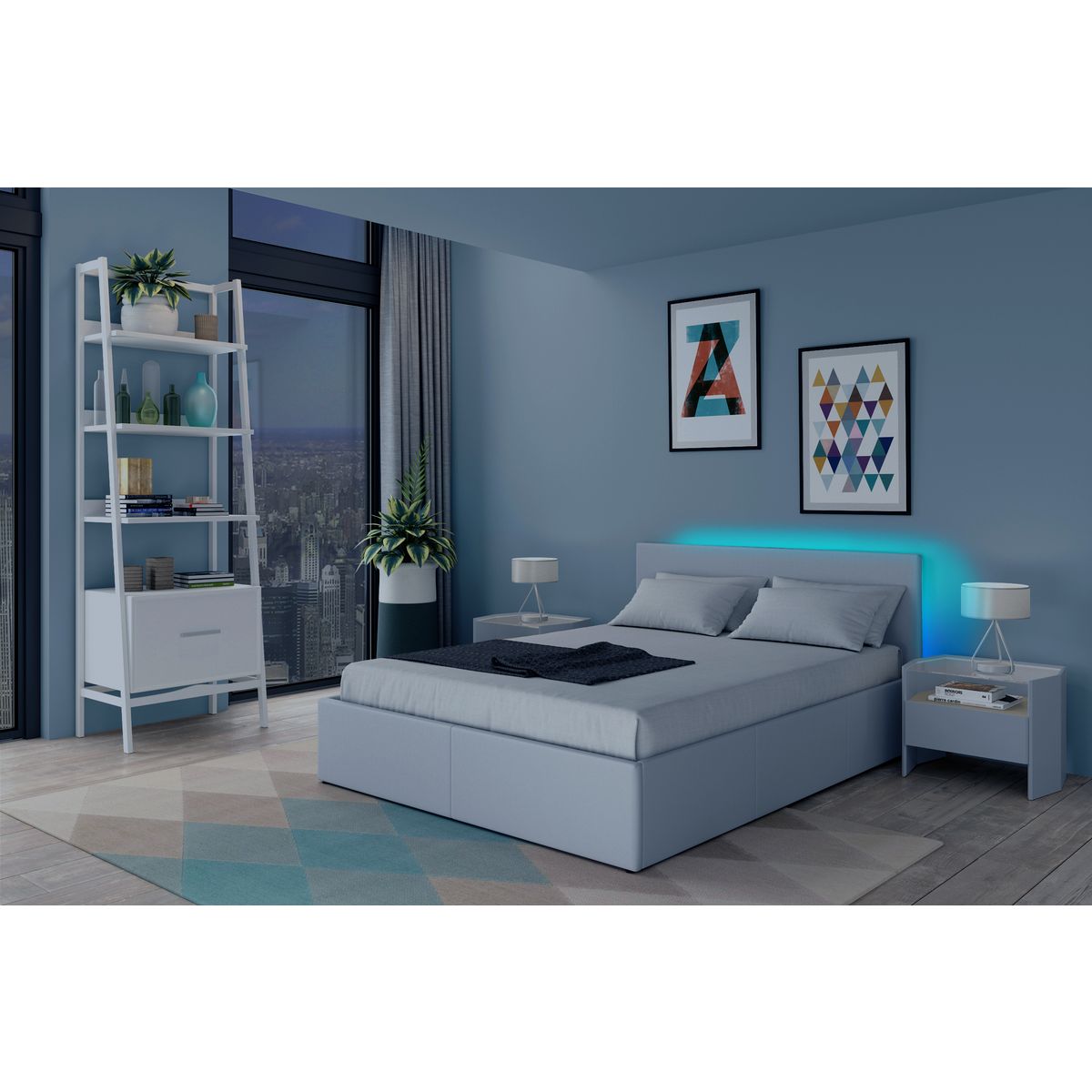 Lit coffre 140x190 cm avec sommier à lattes et tête de lit LED WILLOW