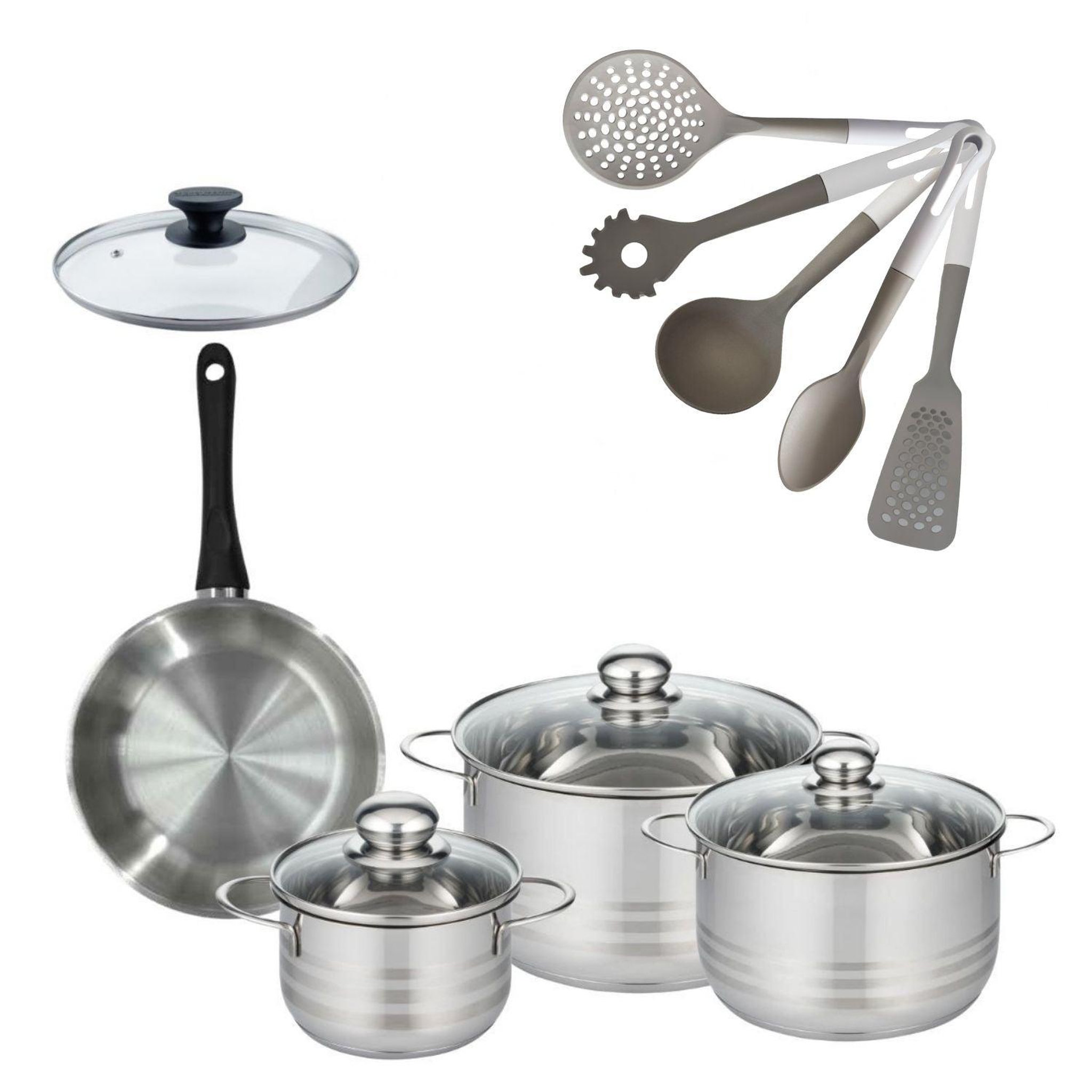 Fackelmann Batterie de cuisine avec 3 faitouts 16/20/24 cm et 1 poêle 20 cm avec 6 ustensiles de cuisine fackelmann généva brillant vario avec couvercles