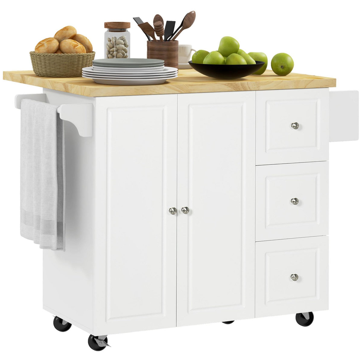 HOMCOM Desserte de cuisine multi rangement 3 tiroirs 2 portes avec étagère rack épices porte-torchons plateau rallonge hévéa MDF blanc