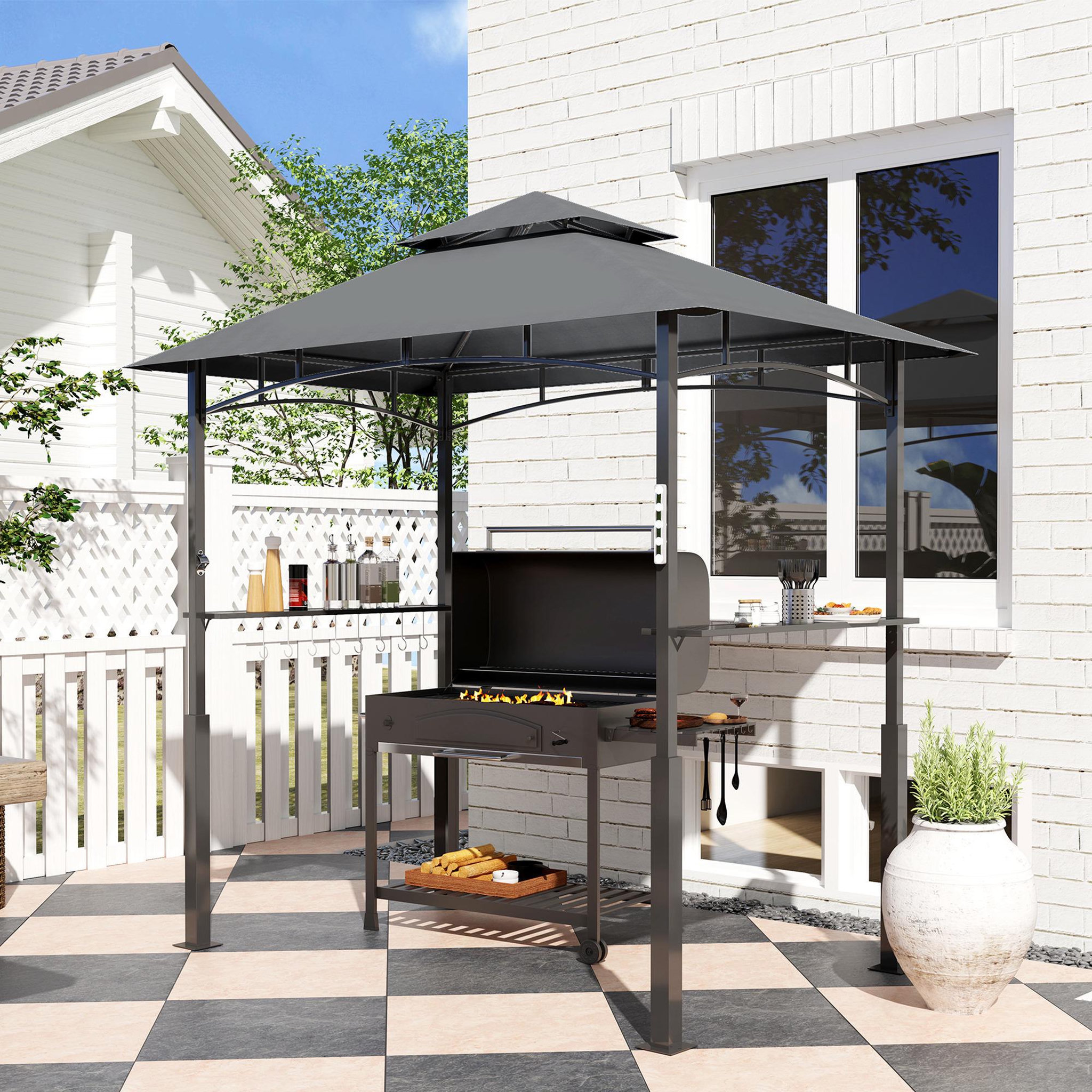 Voir la diapositive 2 : OUTSUNNY Abri pour barbecue - 2 étagères, 8 crochets, lumière LED, décapsuleur - métal noir tissu gris