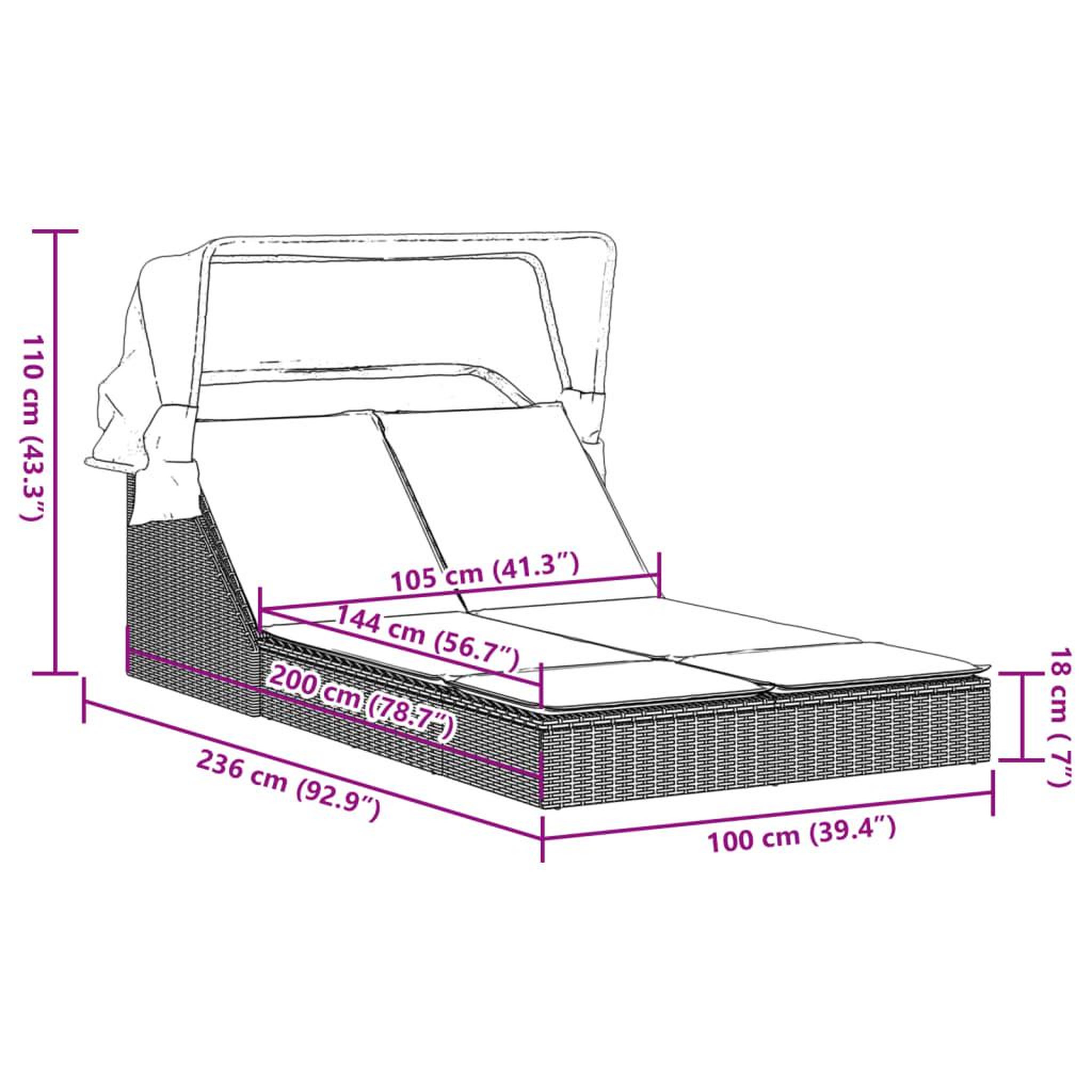 Voir la diapositive 6 : VIDAXL Chaise longue double et auvent et coussins noir resine tressee