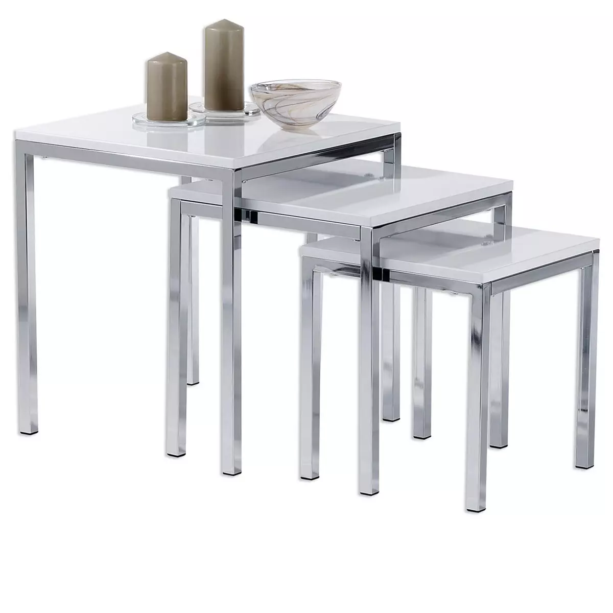 IDIMEX Lot de 3 tables d'appoint LUNA tables basses de salon gigognes bouts de canapé plateau carré blanc brillant et cadre en métal chromé