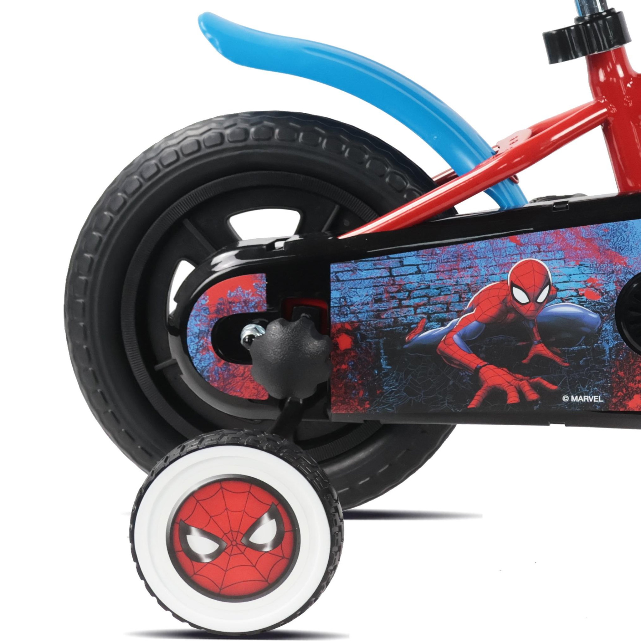 Voir la diapositive 5 : Spiderman Vélo enfant 10'' spiderman avec 1 frein, plaque avant décorative , bidon arrière, stabilisateurs & pneus increuvables