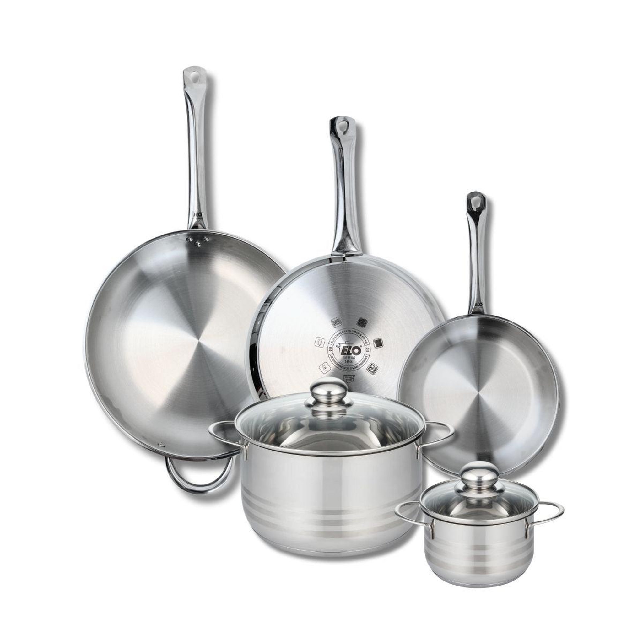 ELO Ensemble de 3 poêles de cuisson 24, 28 et 32 cm et 2 faitouts 14 et 24 cm elo profi brillant