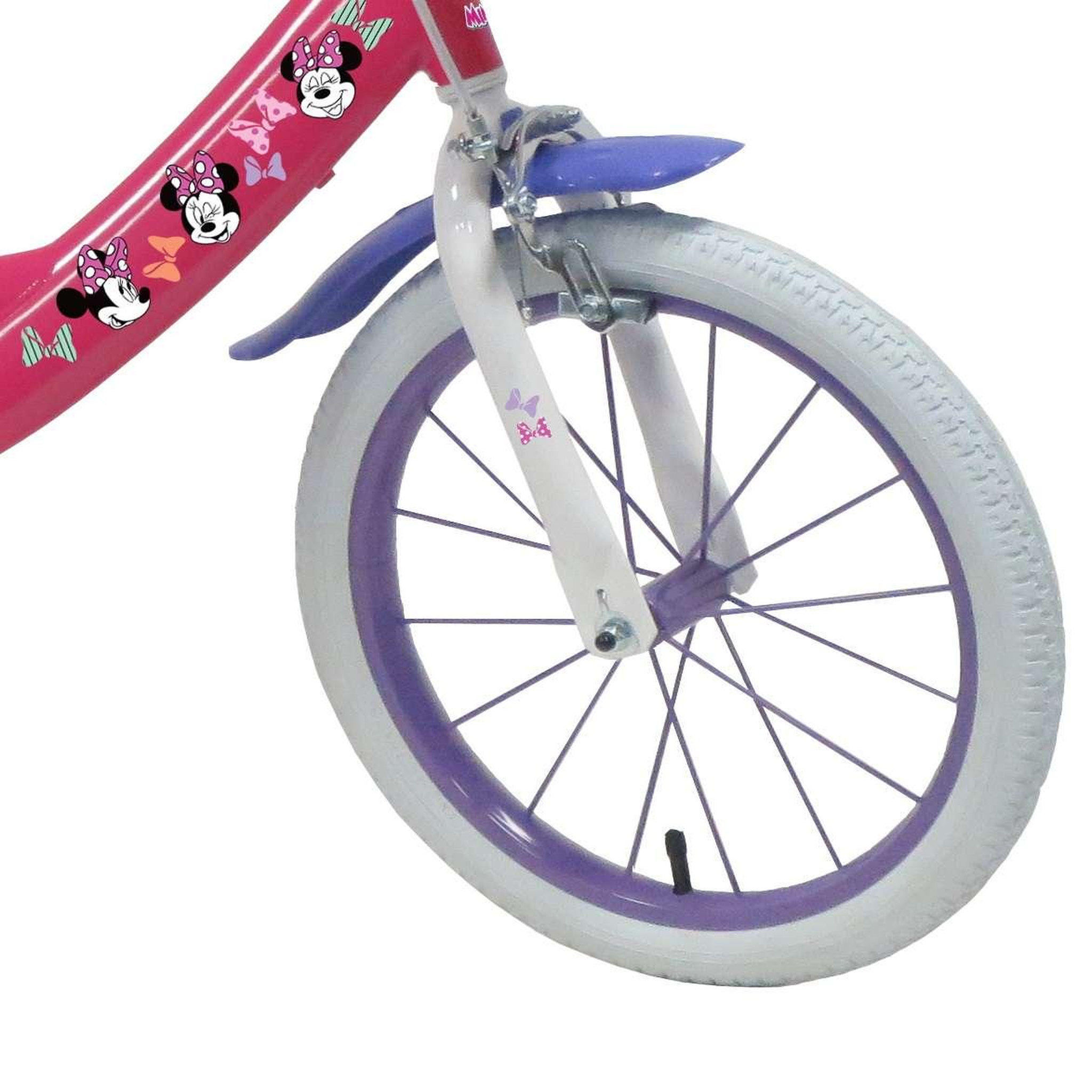 Voir la diapositive 4 : Disney Minnie Vélo enfant - Modèle 16'' Minnie de Disney + Casque pour enfant de 105/120 cm avec stabilisateurs - Panier avant - Porte poupée arrière - 2 freins et pneus gonflables