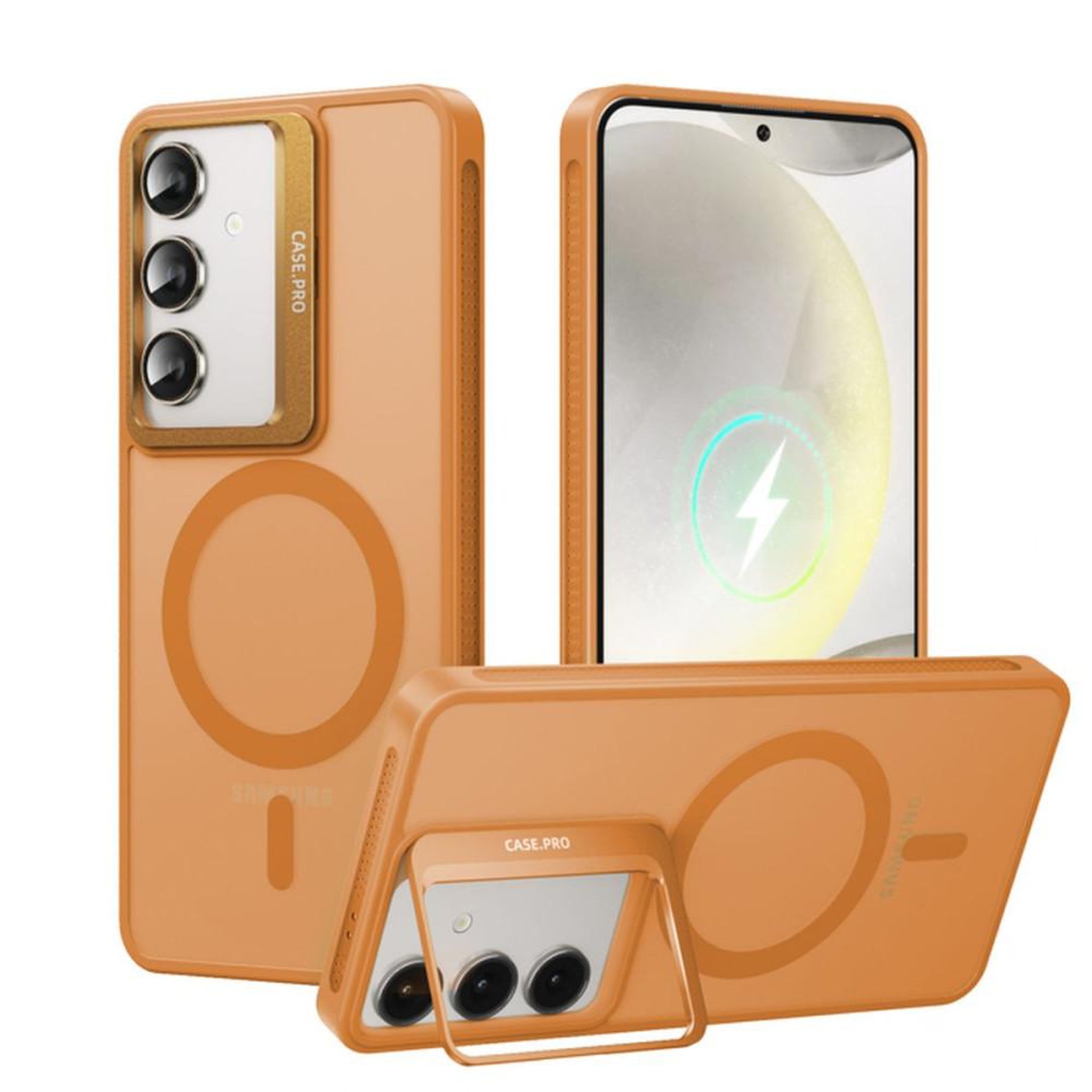 Coque téléphone orange semi-rigide avec anneau rotatif et protection écran Galaxy S24+