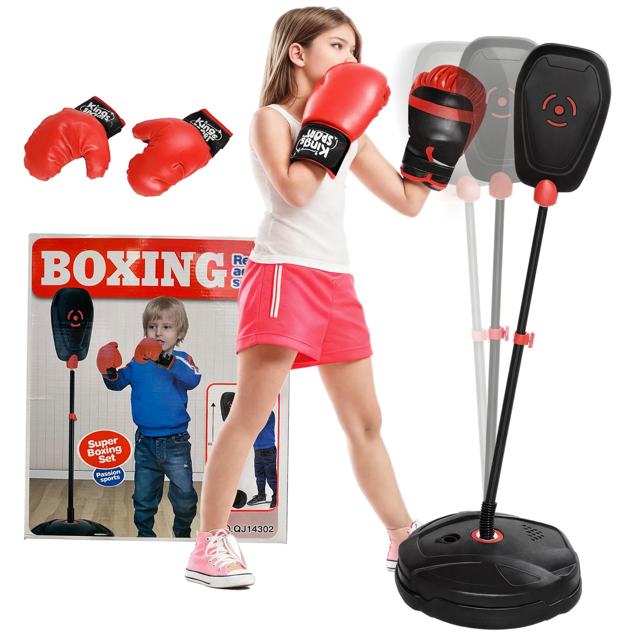 Voir la diapositive 1 : HOMCOM Punching ball enfant - sac de frappe enfant - hauteur réglable - base lestage, 2 gants inclus - rouge noir