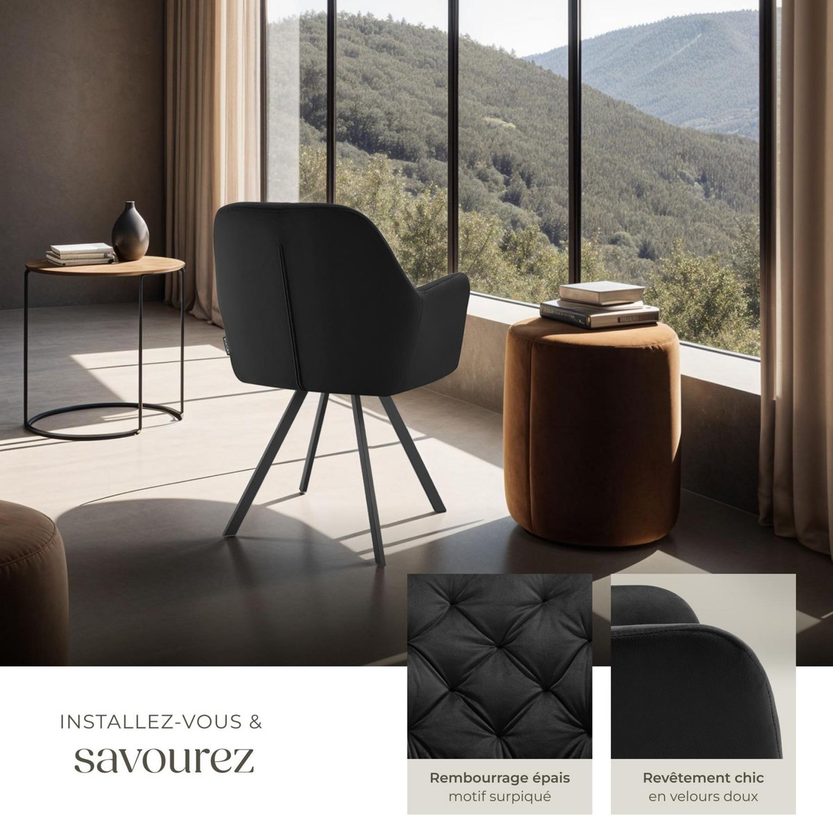 tectake Fauteuil pivotant en velours avec accoudoirs rembourré avec motif matelassé noir Lot de 4