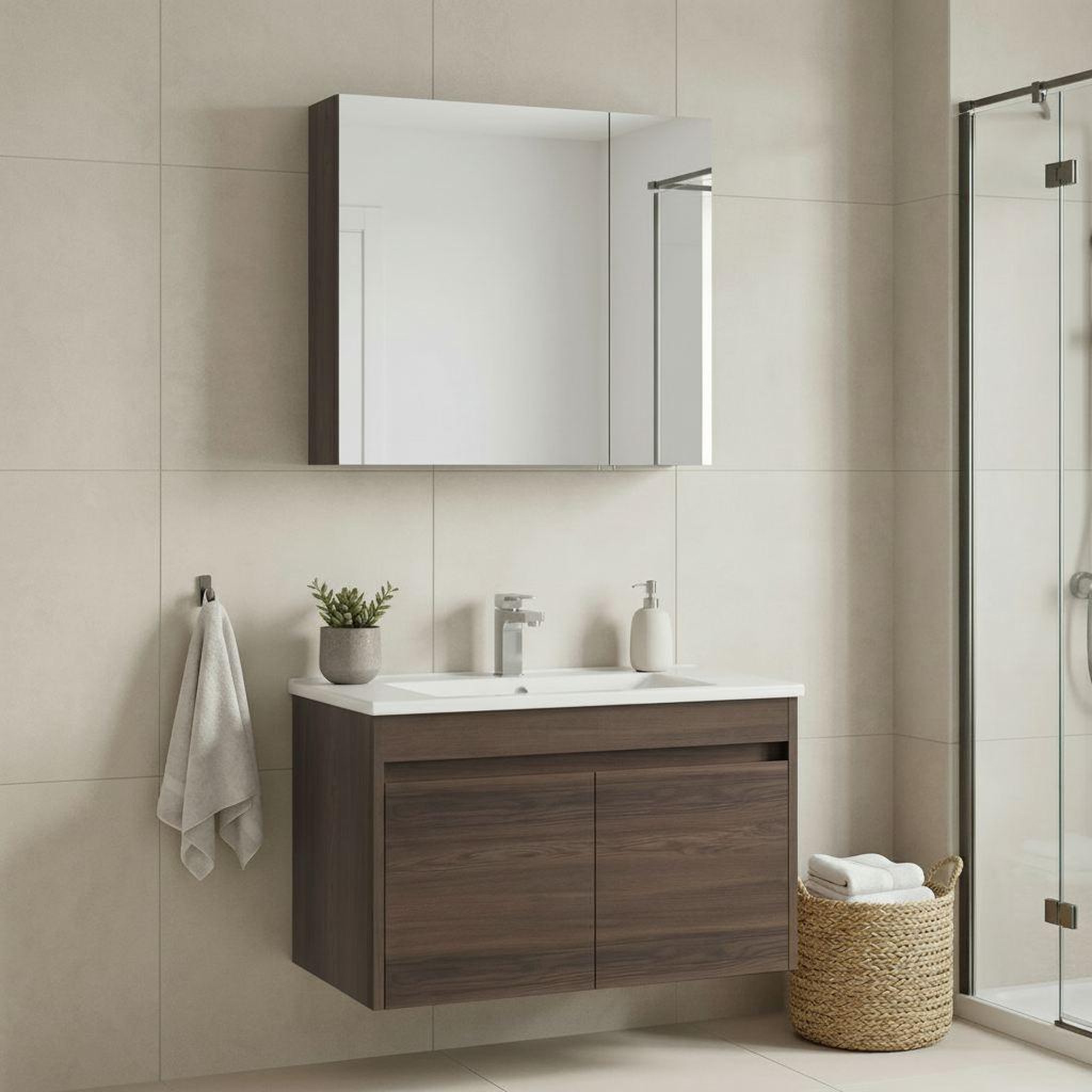 Voir la diapositive 2 : Habitat et Jardin Meuble avec simple vasque et miroir  Side 100 v3  - 85 x 45 x 52 cm - Walnut