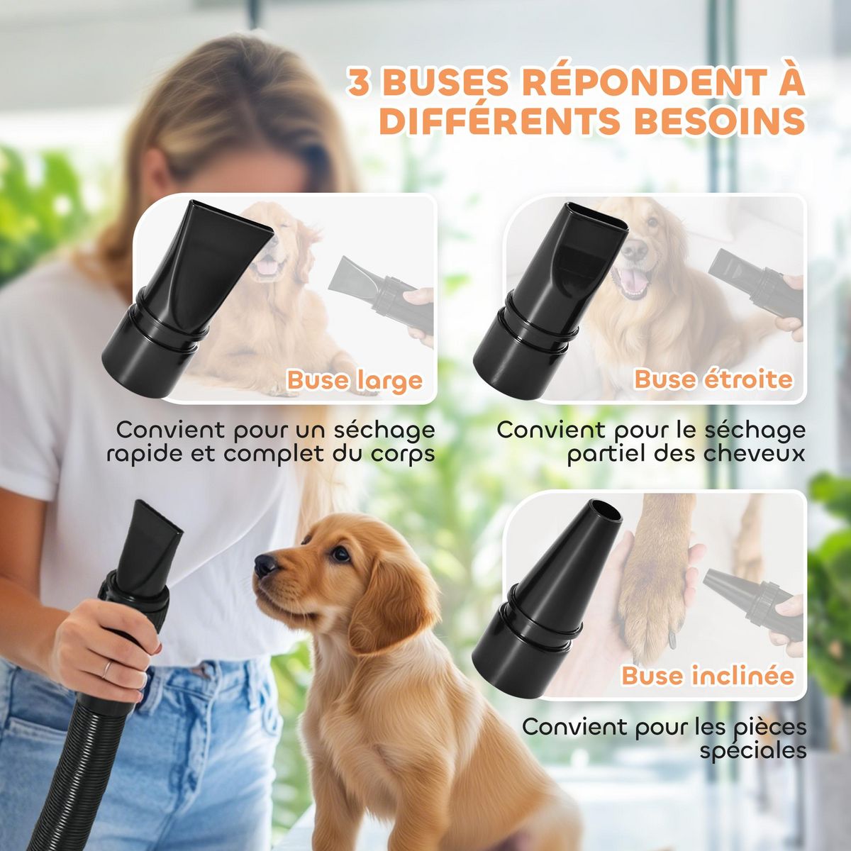 PAWHUT Séchoir pulseur chien professionnel 2200W 3 buses 3 températures réglables poignée blanc