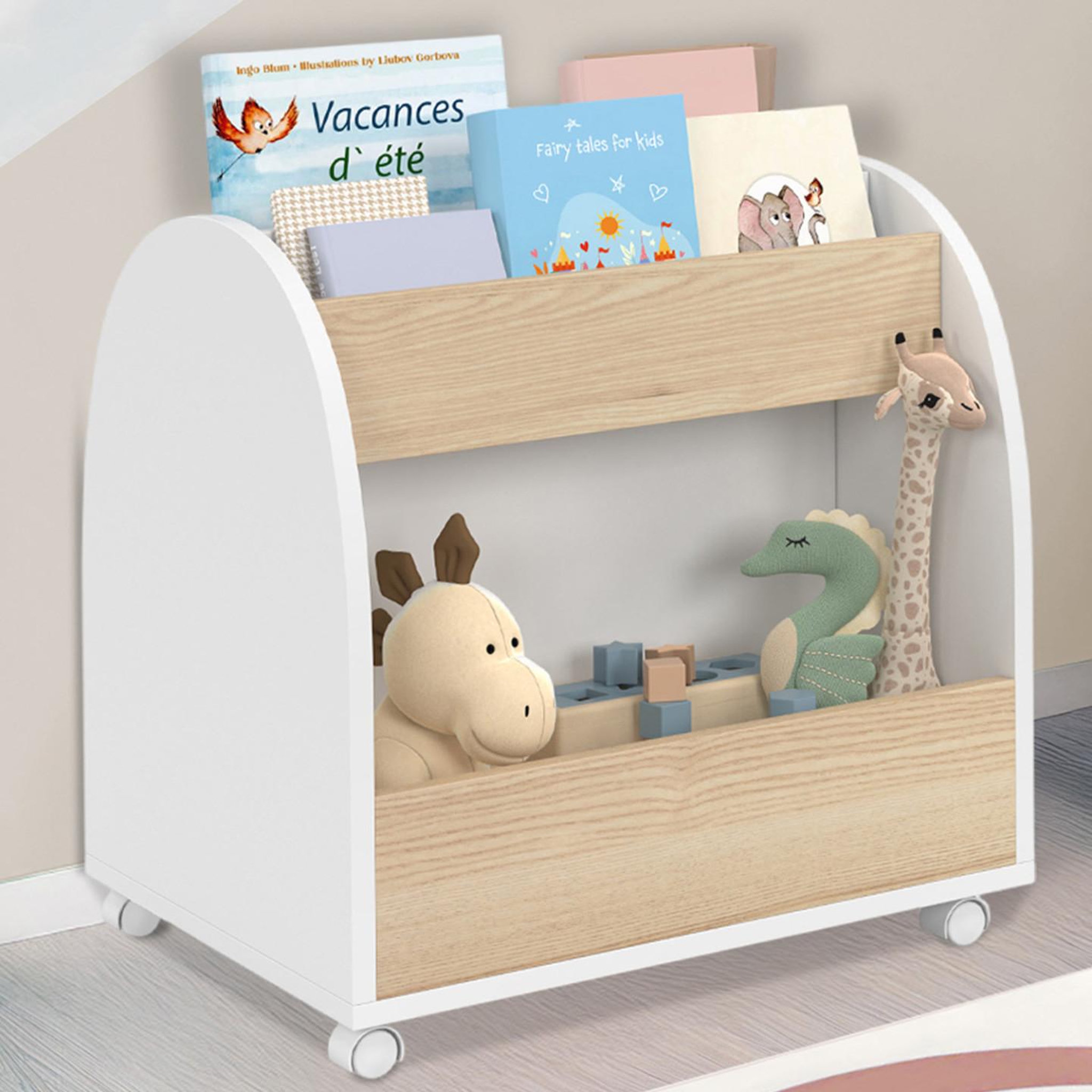Voir la diapositive 2 : ID MARKET Bibliothèque pour enfant andreas sur roulettes hêtre et blanc