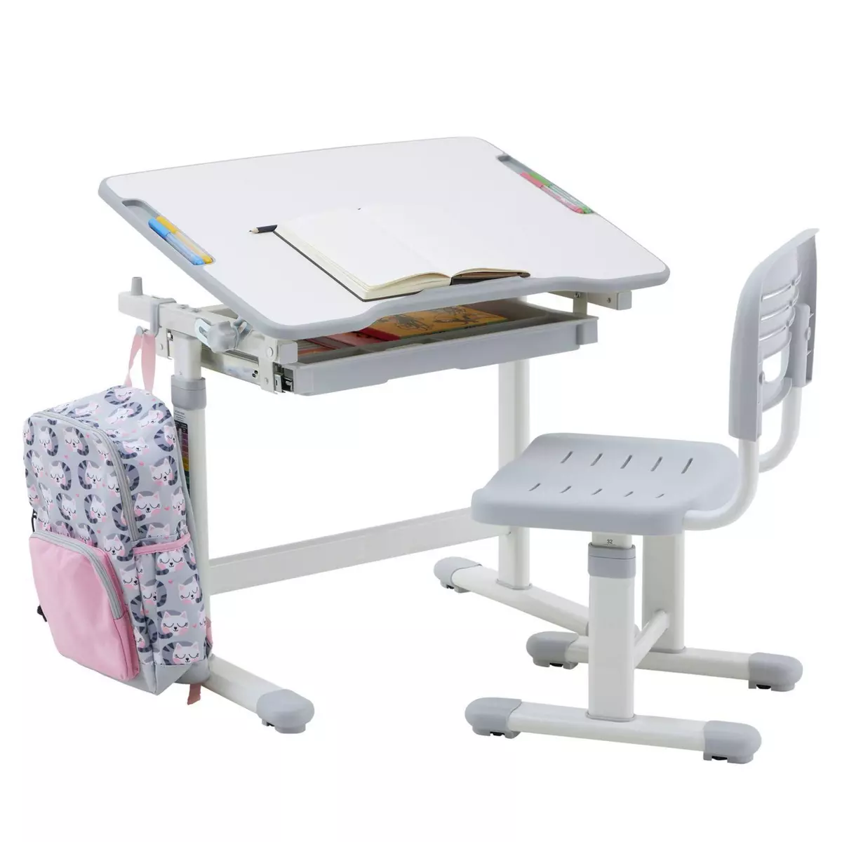 IDIMEX Ensemble bureau et chaise pour enfant TUTTO table et chaise réglable en hauteur, pupitre inclinable, métal blanc et plastique gris